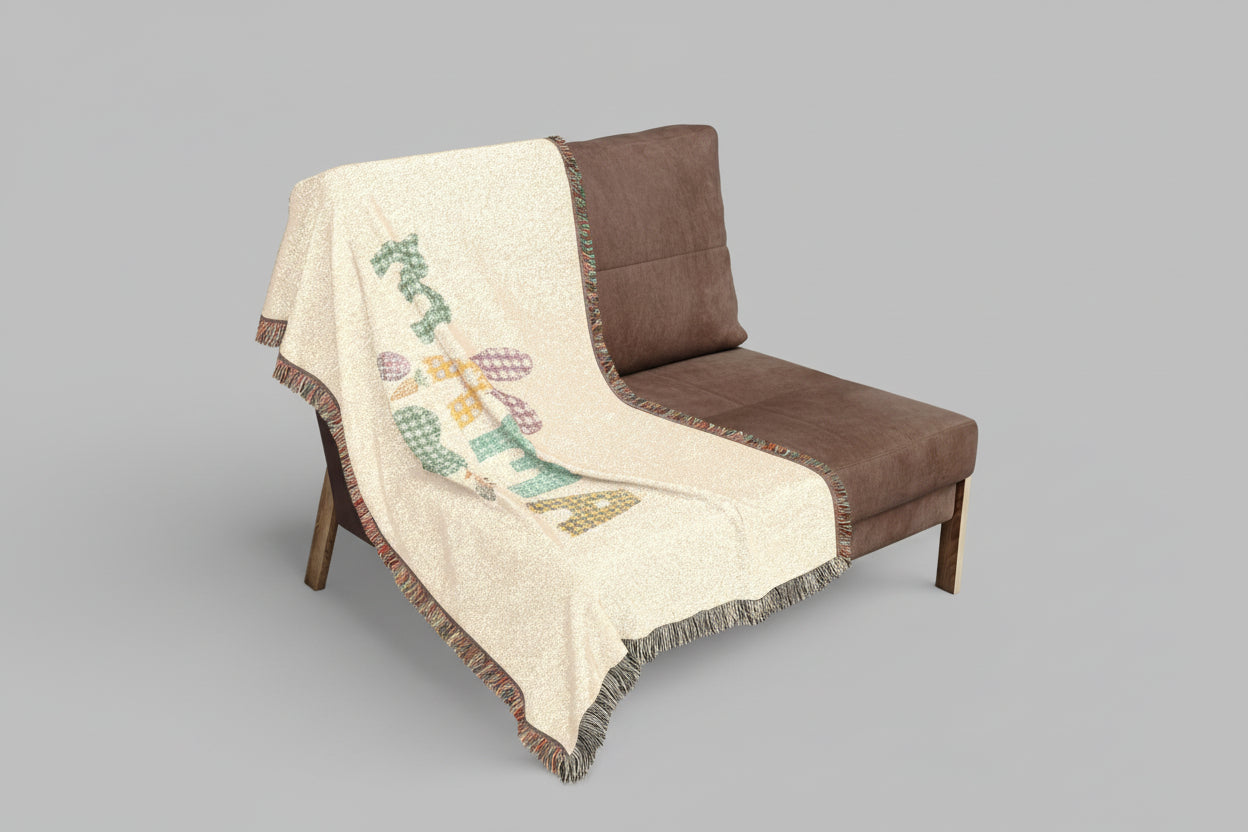 Mama Patchwork Woven Blanket — Cozy Mother's Day Throw with Heart & Floral Plaid Design