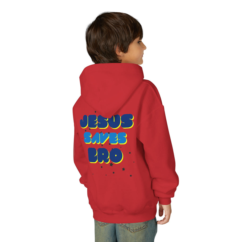 Youth Hoodie — "Jesus Saves Bro" Christian Graphic Pullover