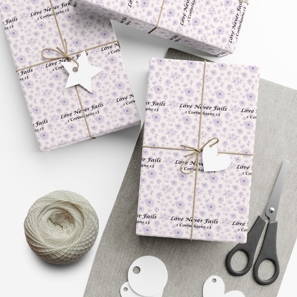 Floral "Love Never Fails" Gift Wrap Paper — Lavender Christian Wrapping Sheets