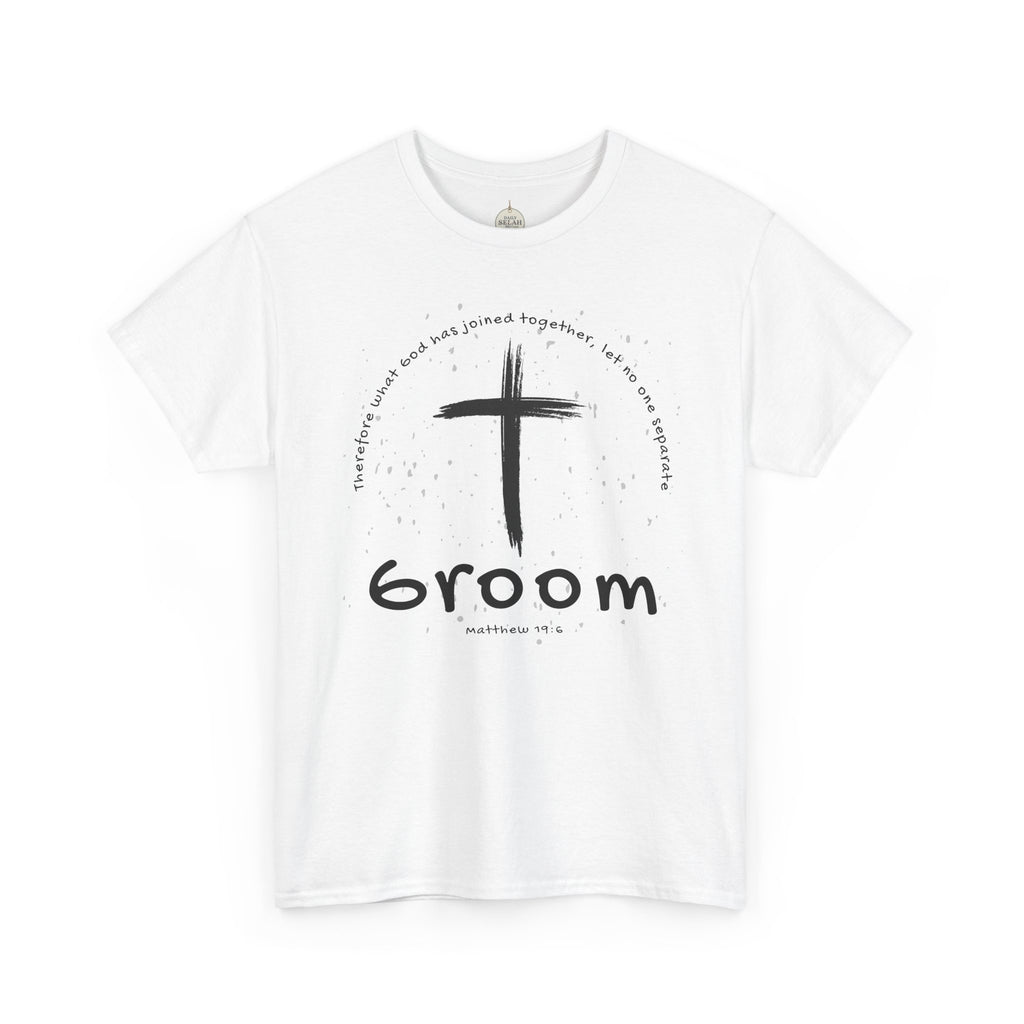 Groom Cross Tee — Christian Wedding Groom T-Shirt (Scripture Verse Design) - Christian - Matthew 19:6