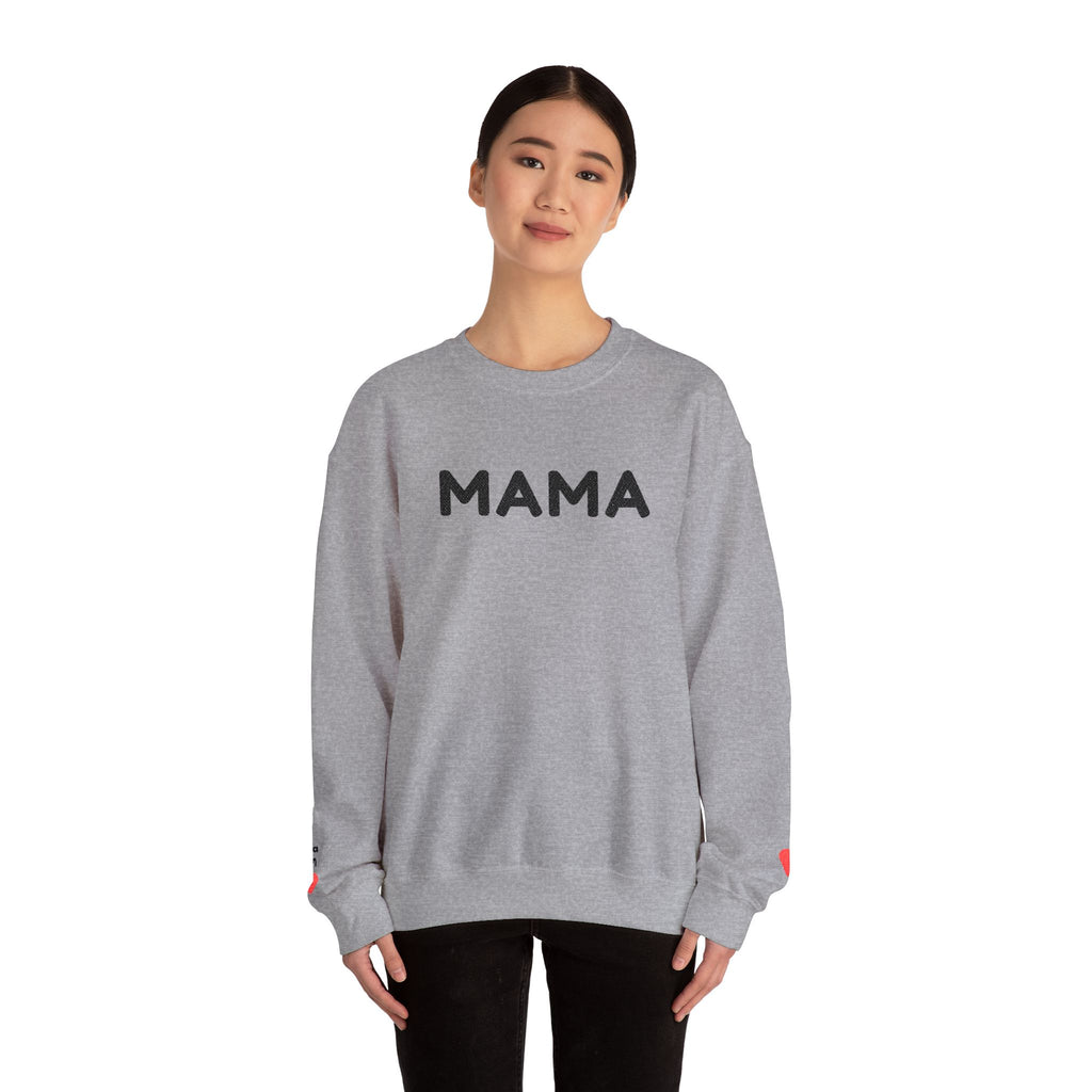 Embroidered - Personalized - Mama Crewneck Sweatshirt — Cozy Mother's Day Pullover with Heart Sleeve Detail