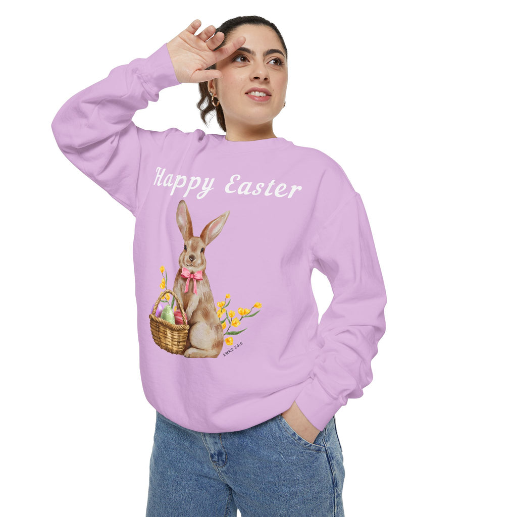 Easter Bunny Sweatshirt - Happy Easter Bunny with Basket Design (Luke 24:6)