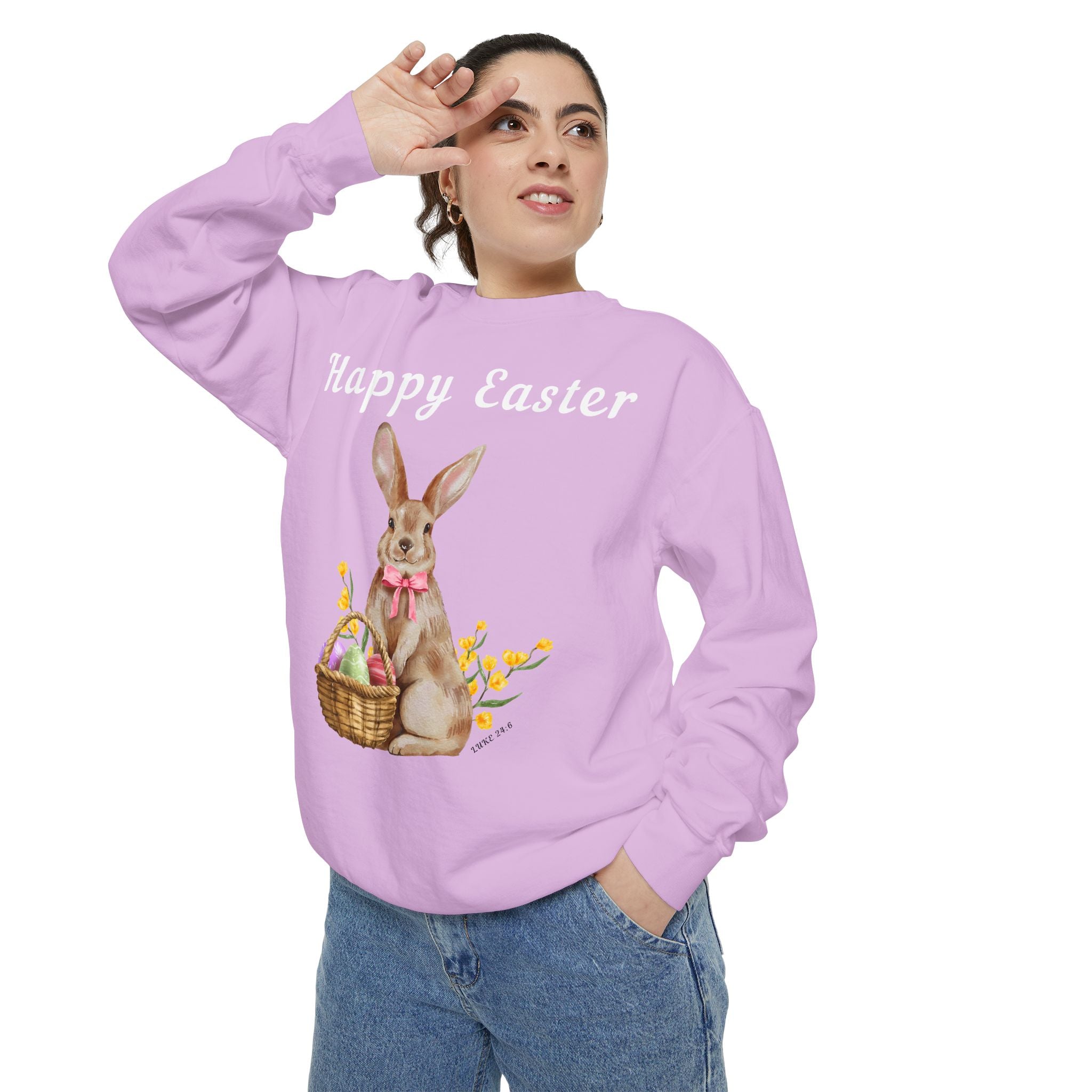 Easter Bunny Sweatshirt - Happy Easter Bunny with Basket Design (Luke 24:6)