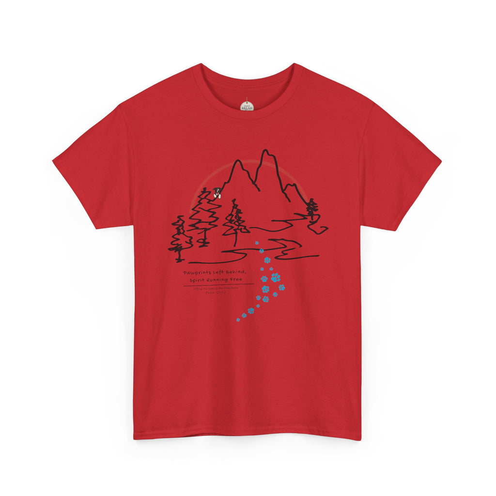 Rainbow Bridge T‑Shirt — Minimal Line Art Nature Tee with 'Follow the Dog Prints' Design Psalms 121