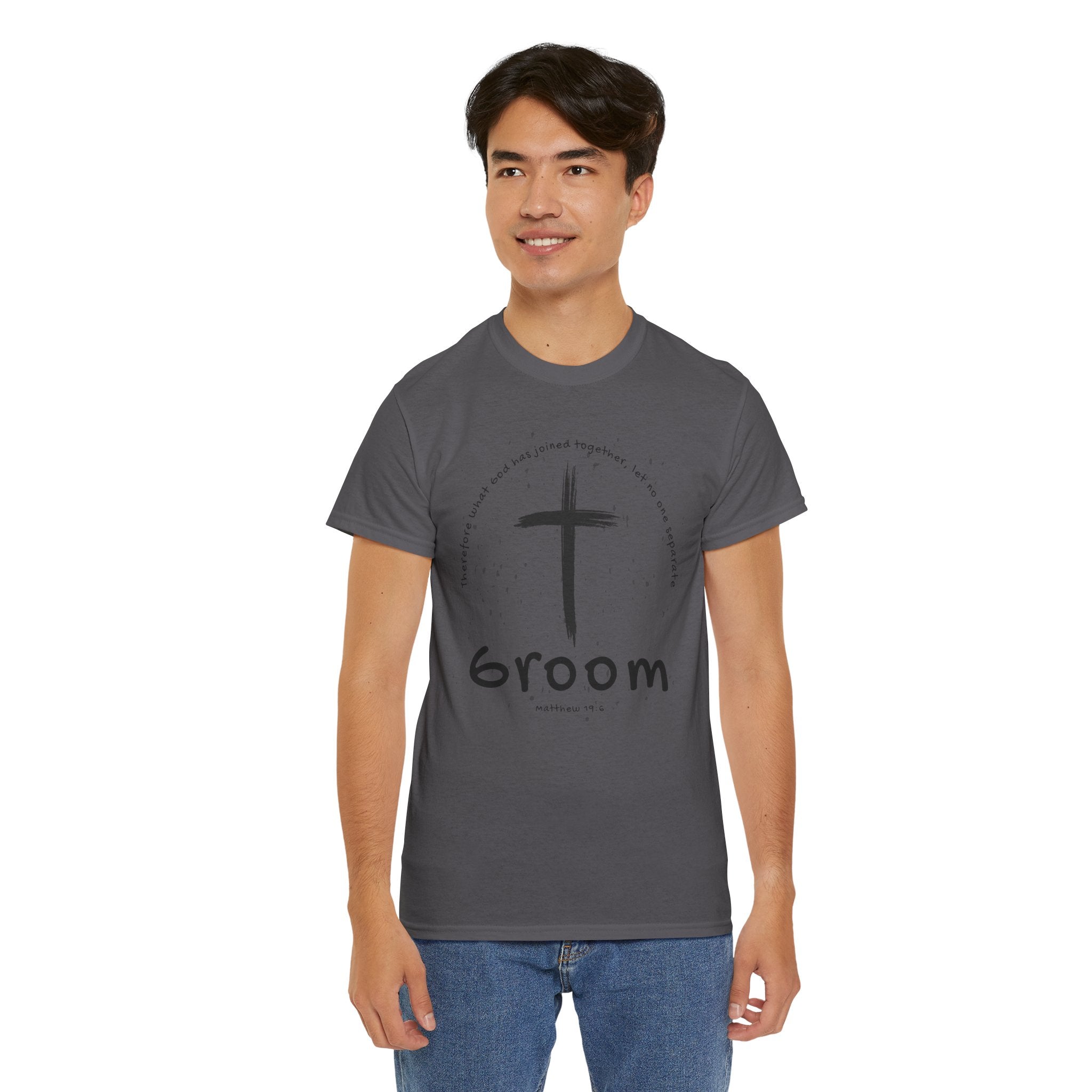 Groom Cross Tee — Christian Wedding Groom T-Shirt (Scripture Verse Design) - Christian - Matthew 19:6