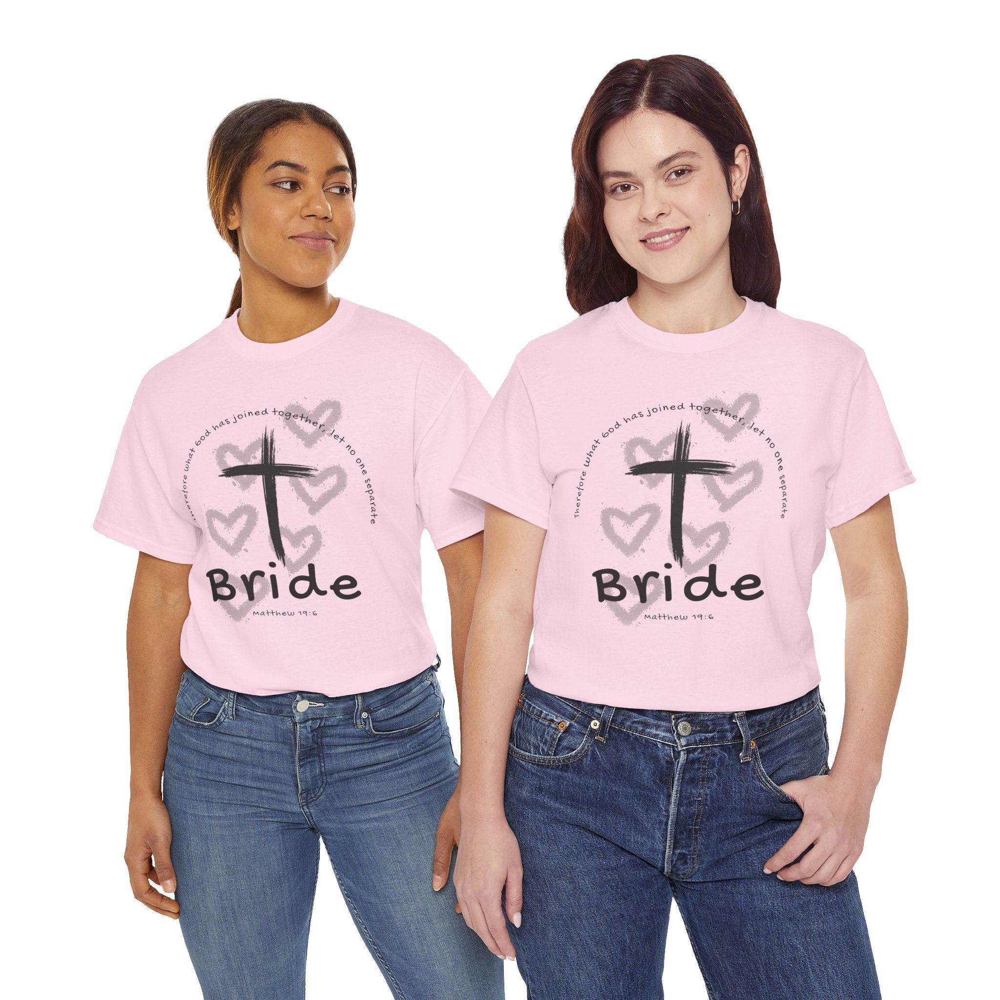 Bride T-Shirt — Christian Cross & Hearts Bridal Faith Tee - Christian - Matthew 19:6