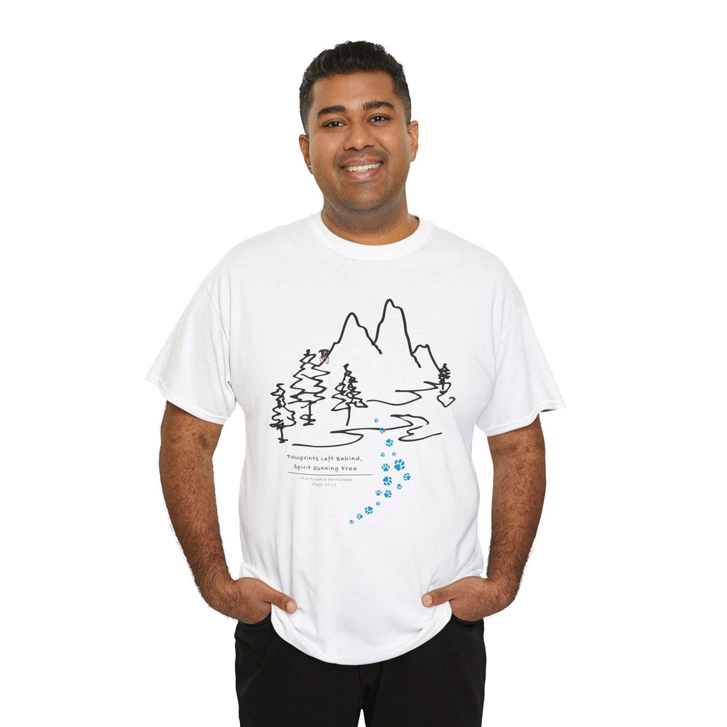 Rainbow Bridge T‑Shirt — Minimal Line Art Nature Tee with 'Follow the Dog Prints' Design Psalms 121