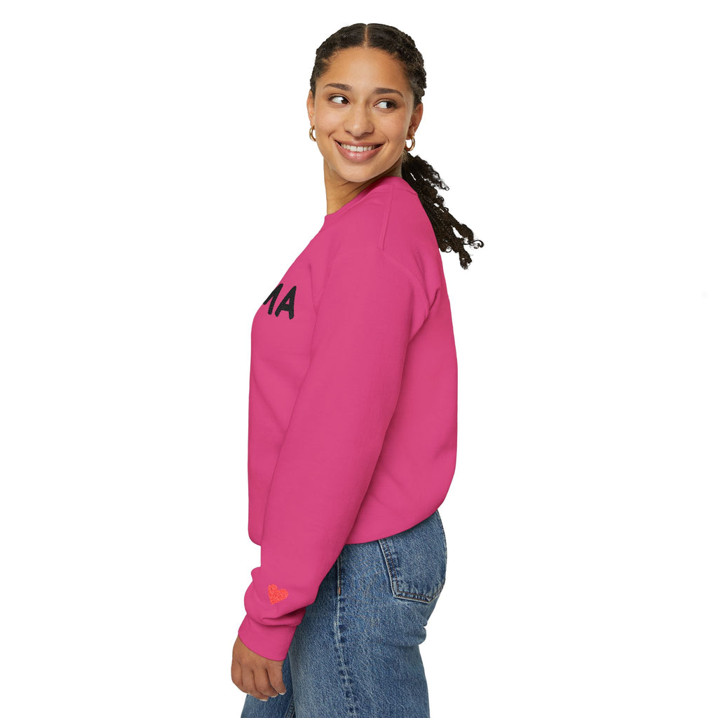 Embroidered - Personalized - Mama Crewneck Sweatshirt — Cozy Mother's Day Pullover with Heart Sleeve Detail