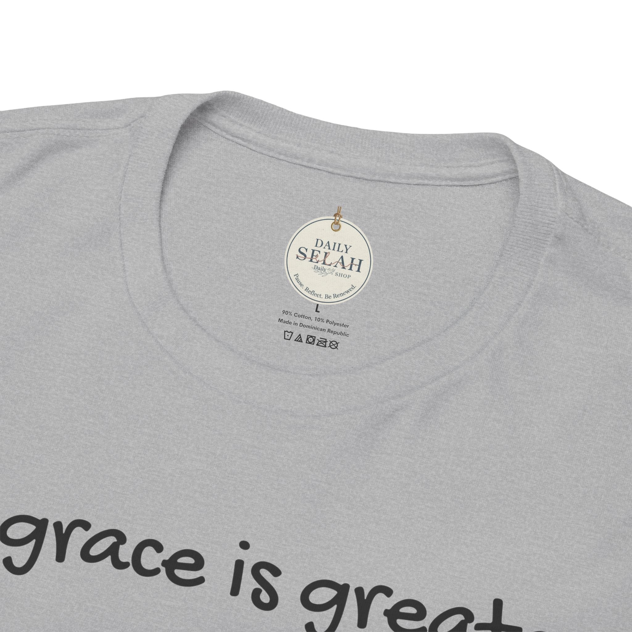 Christian T‑Shirt — "His grace is greater than your past." (Romans 5:20)