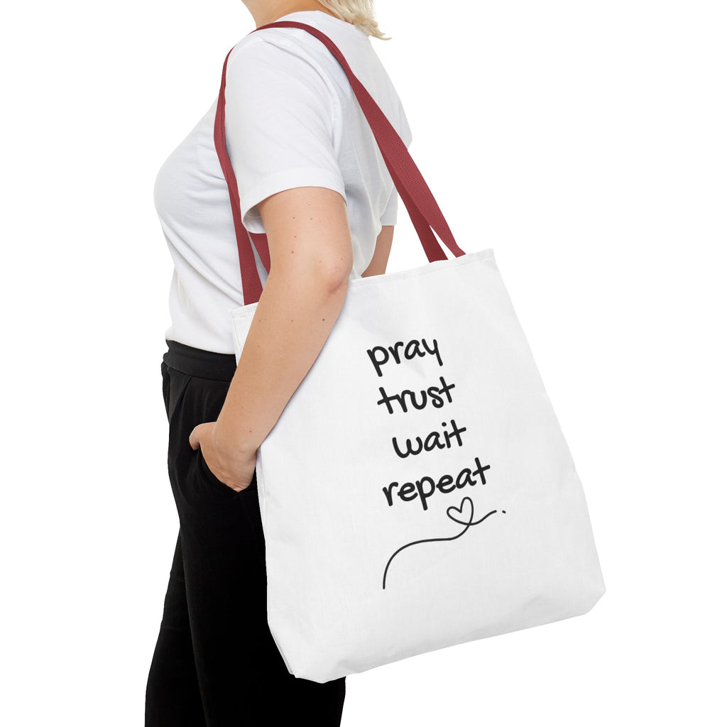 Pray Trust Wait Repeat Tote Bag — Inspirational Faith Canvas Tote