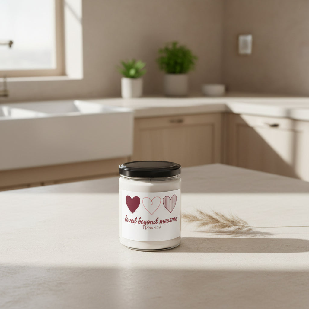 Candle — "Loved Beyond Measure" Soy Candle (1 John 4:19) — 9oz Scented Gift for Christian Valentine & Encouragement