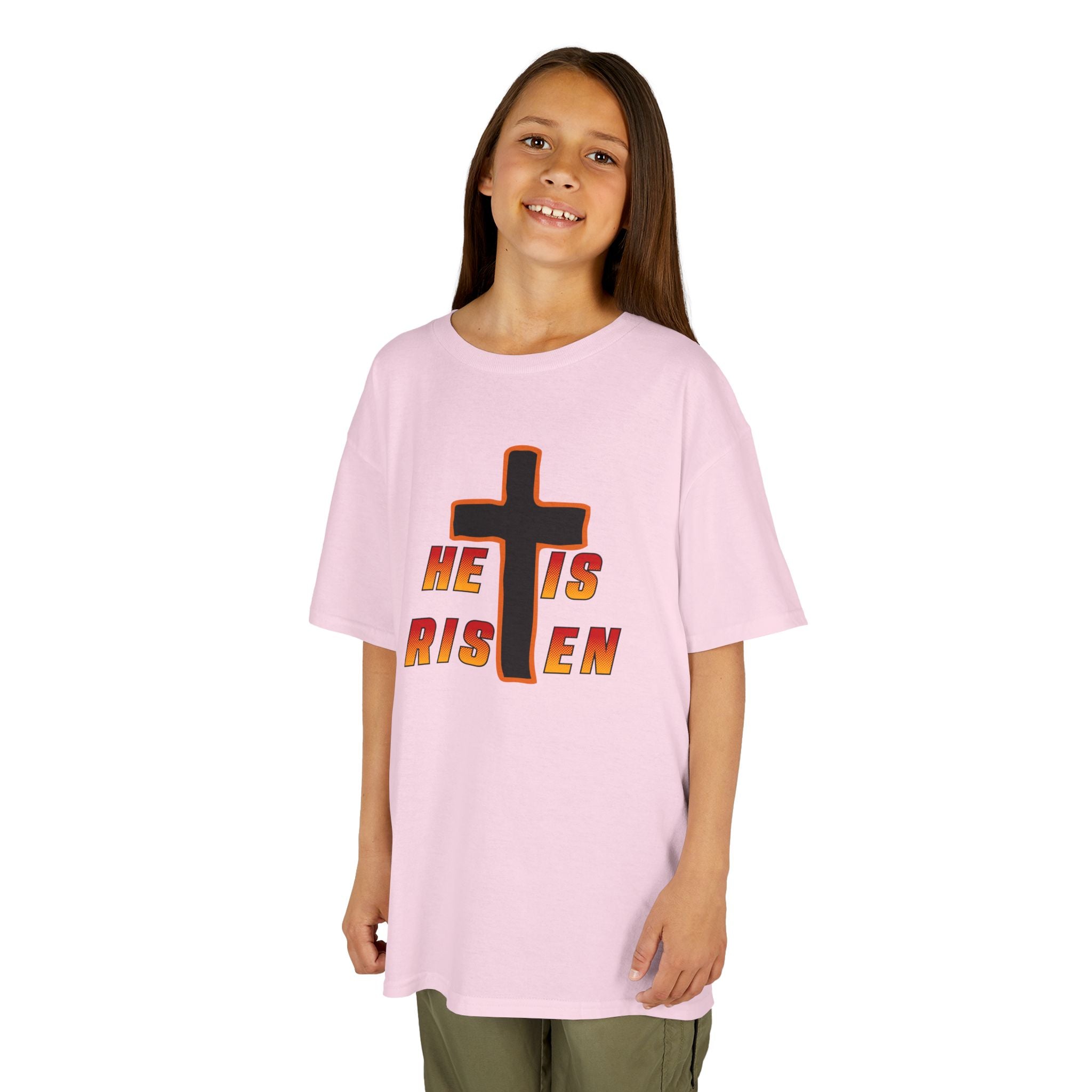 Kids Tee — "He Is Risen" Cross Easter T‑Shirt