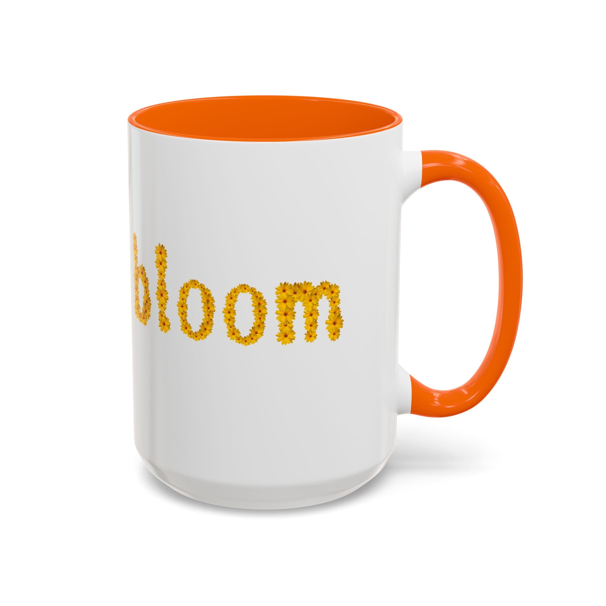 "bloom" floral text Coffee Mug | sunflower petal typography, white & black accent