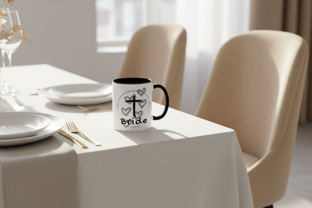 Bride Coffee Mug — Christian Cross & Hearts Accent Mug (Matthew 19:6)