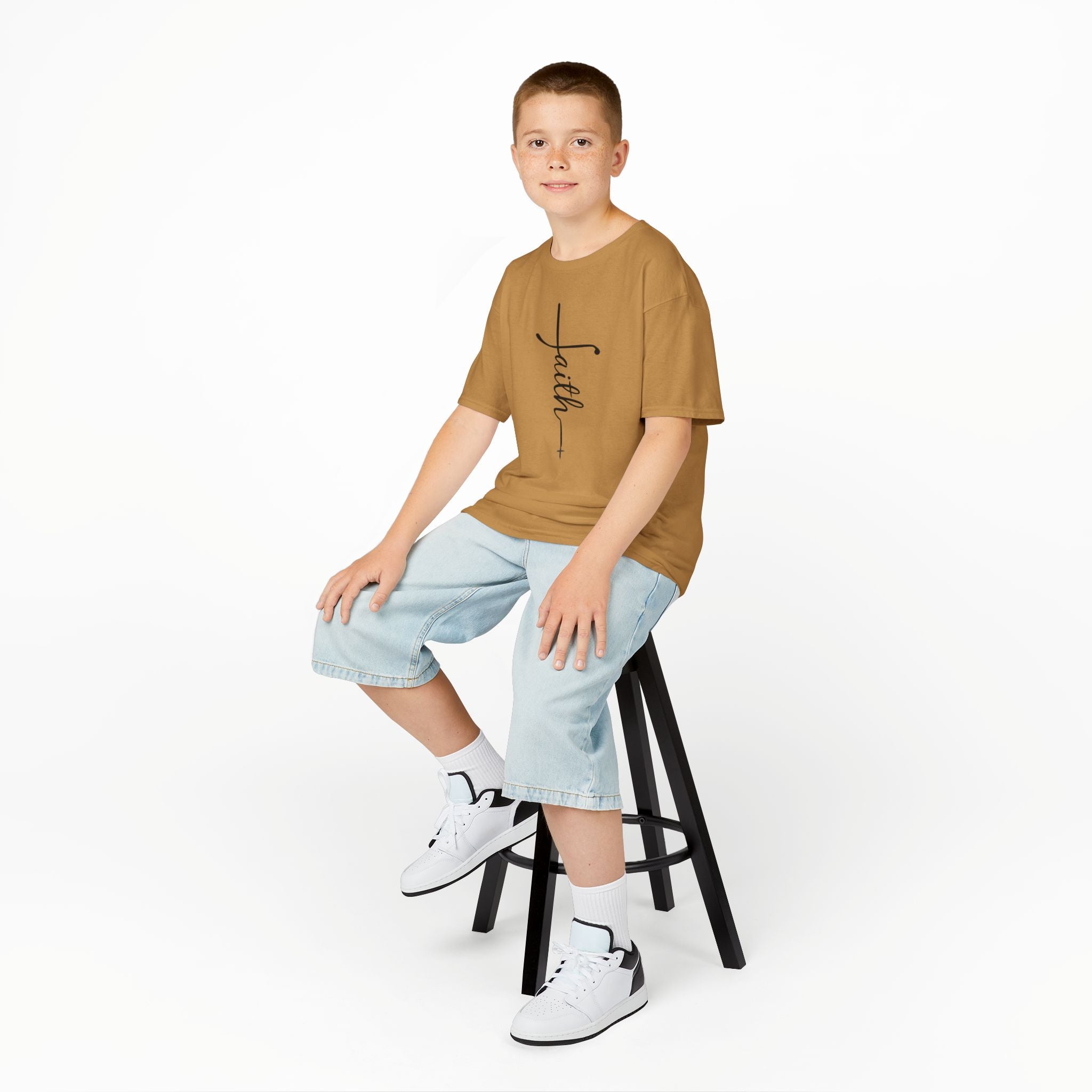 Kids Tee — Vertical "faith" Cross Script Graphic