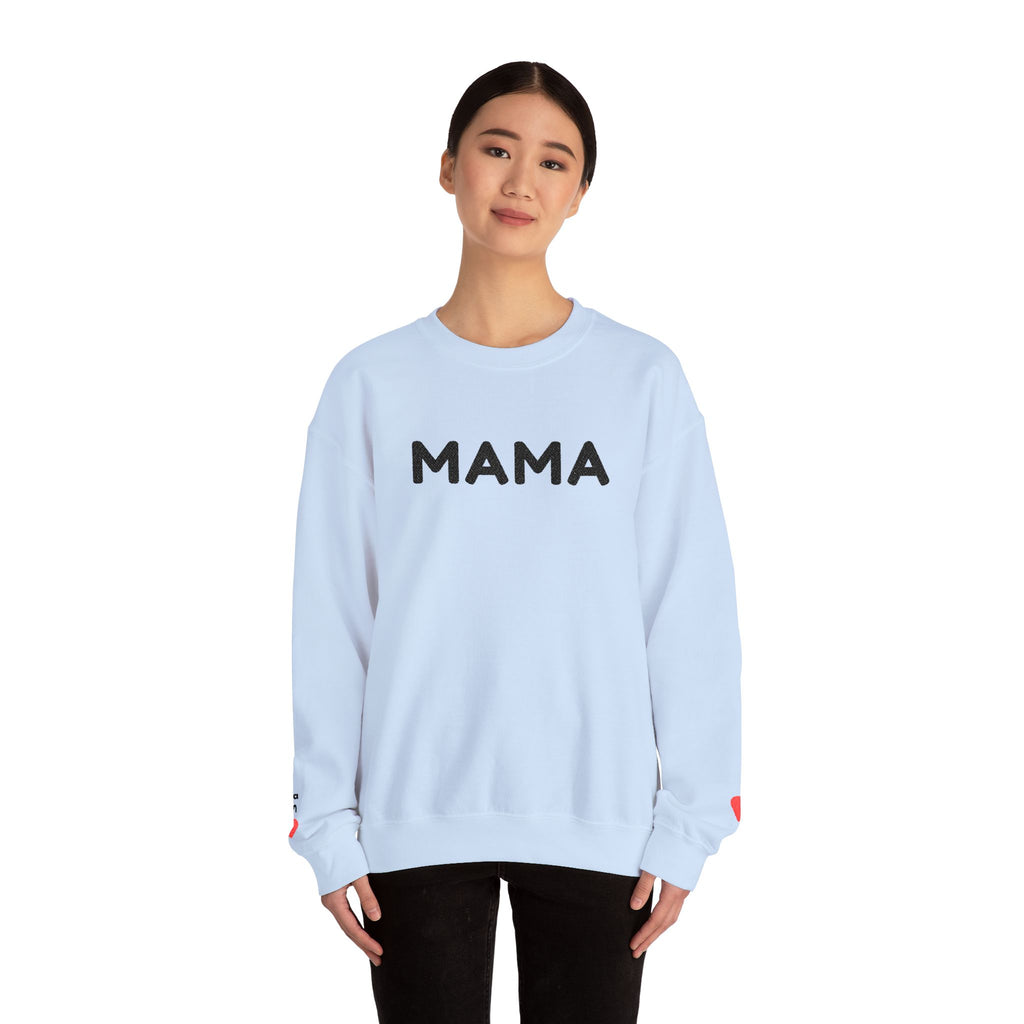 Embroidered - Personalized - Mama Crewneck Sweatshirt — Cozy Mother's Day Pullover with Heart Sleeve Detail