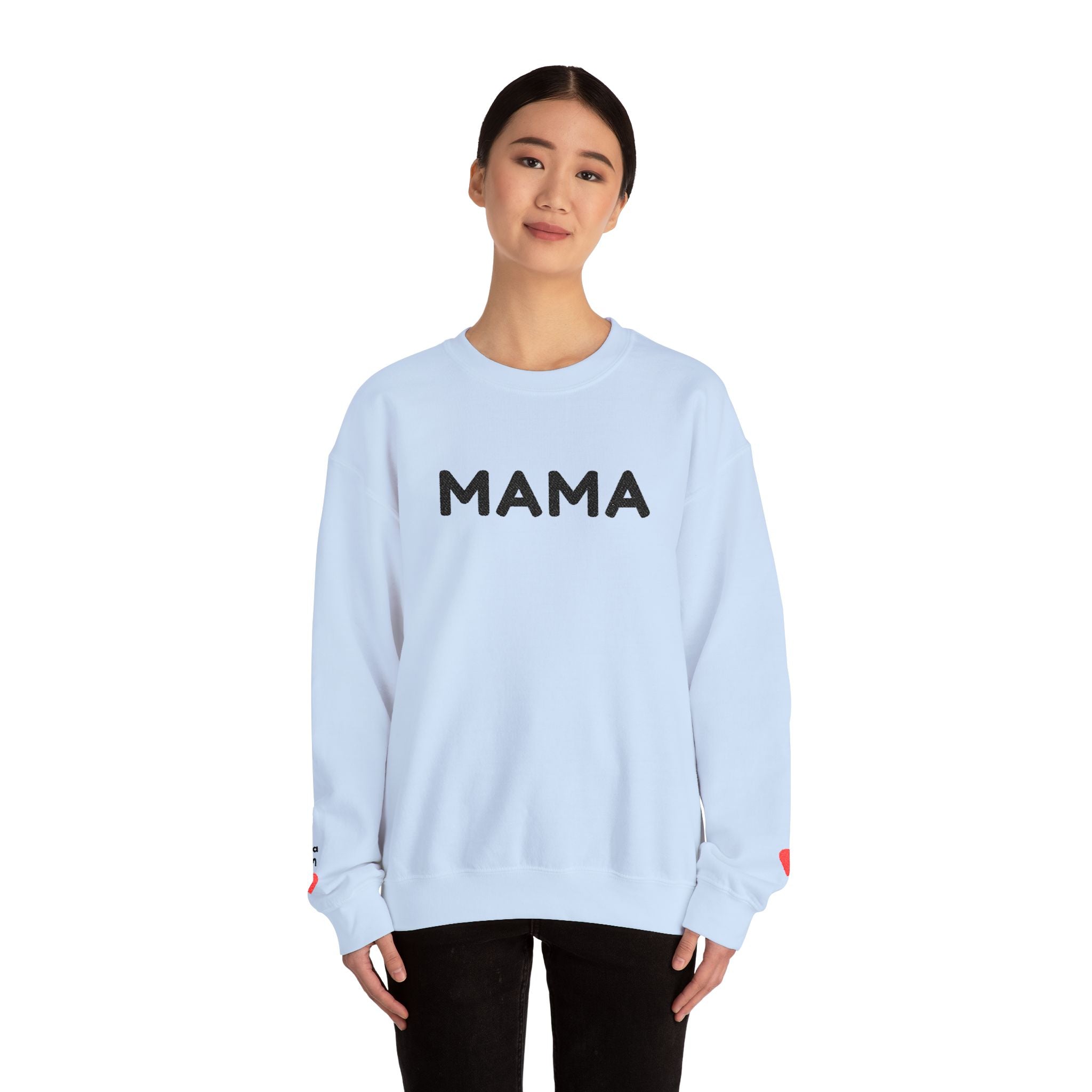 Embroidered - Personalized - Mama Crewneck Sweatshirt — Cozy Mother's Day Pullover with Heart Sleeve Detail