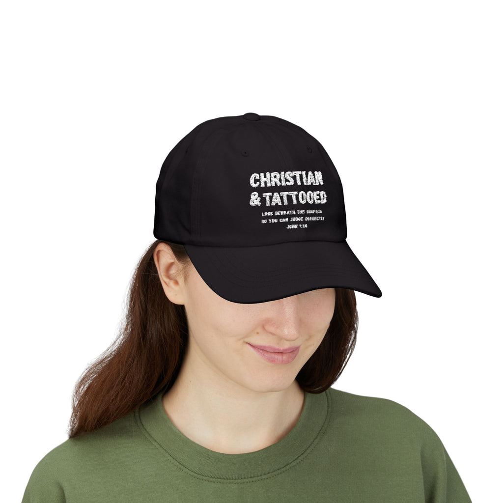 Embroidered Dad Cap — "Christian & Tattooed" Baseball Hat with John 1:8 Scripture