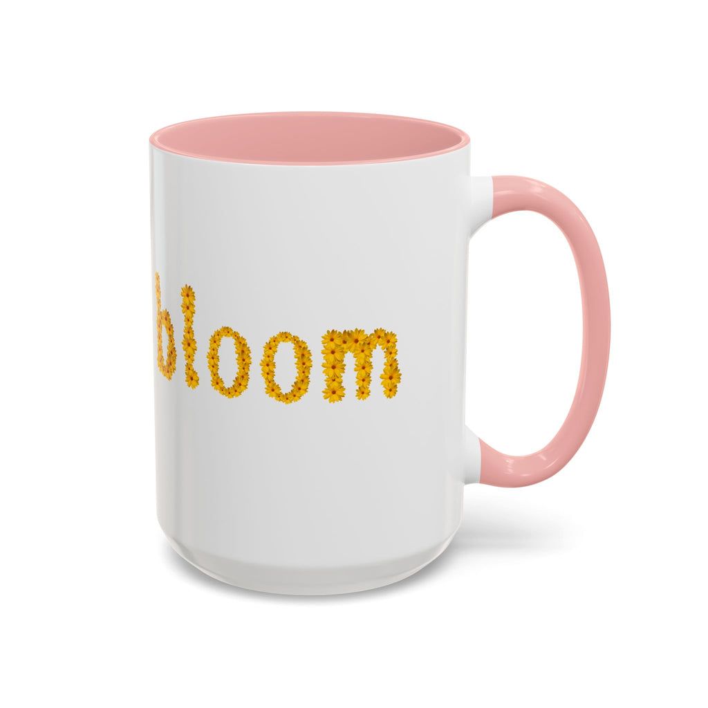 "bloom" floral text Coffee Mug | sunflower petal typography, white & black accent