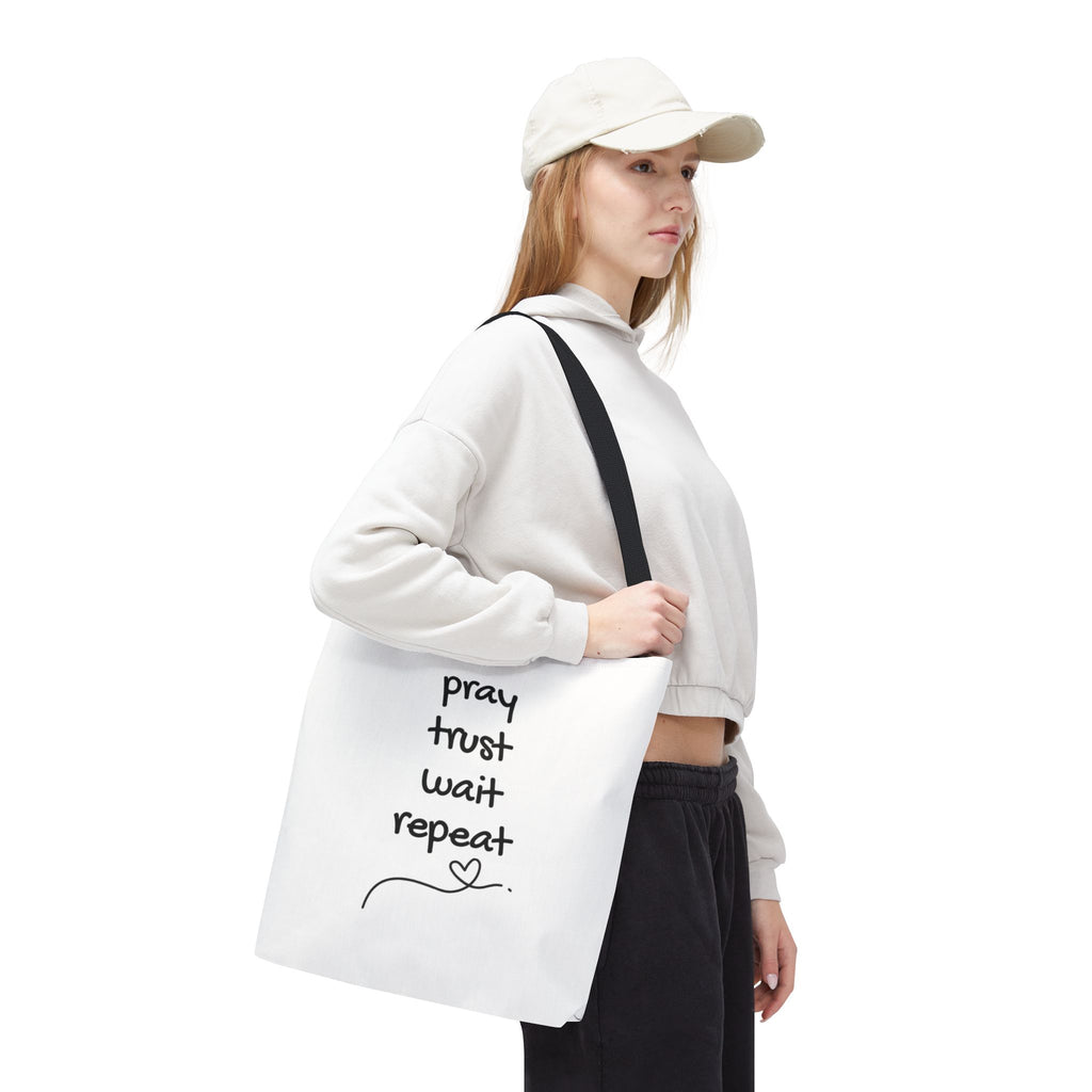 Pray Trust Wait Repeat Tote Bag — Inspirational Faith Canvas Tote
