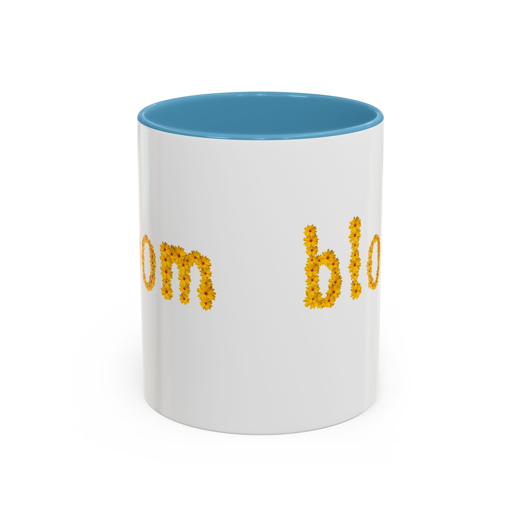 "bloom" floral text Coffee Mug | sunflower petal typography, white & black accent