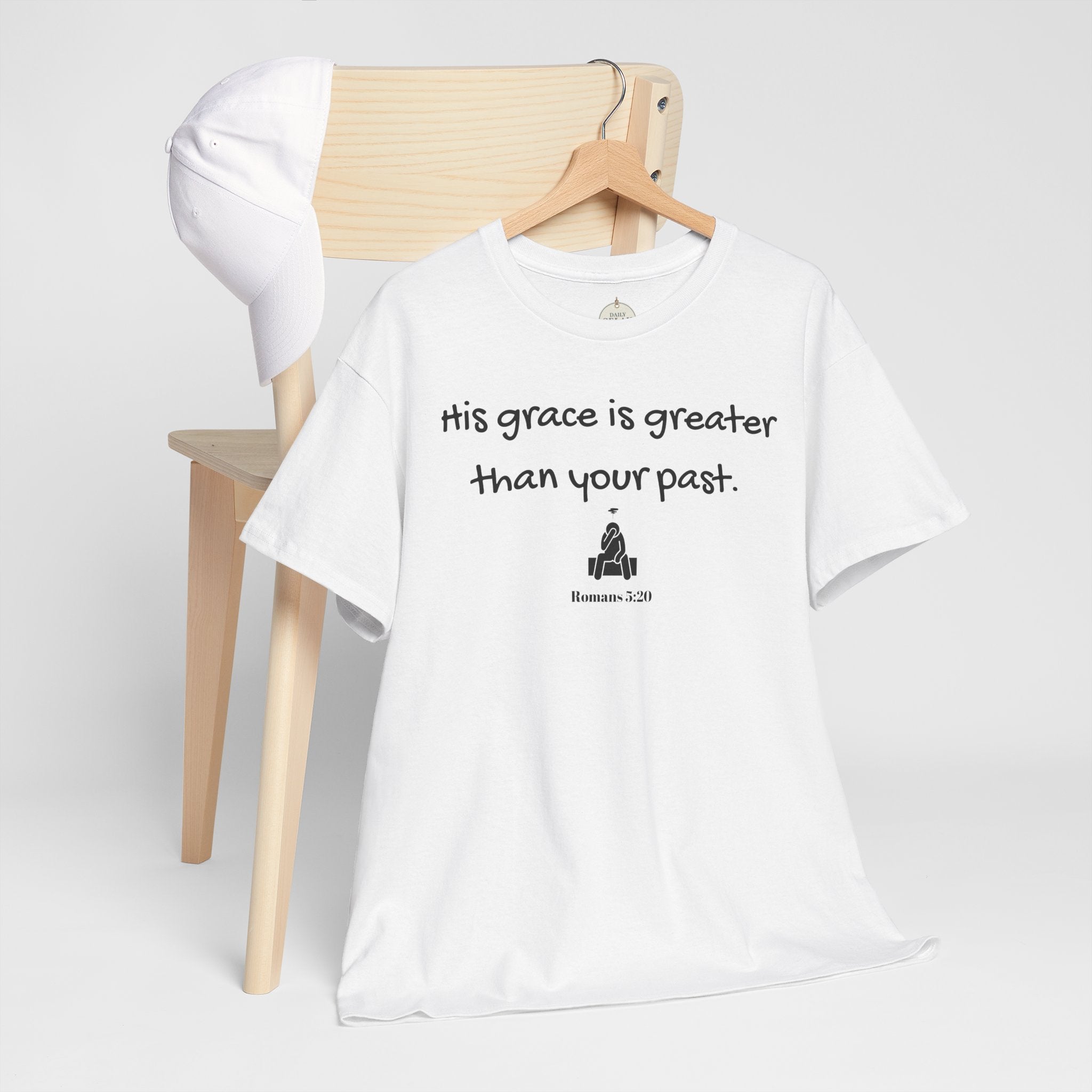 Christian T‑Shirt — "His grace is greater than your past." (Romans 5:20)