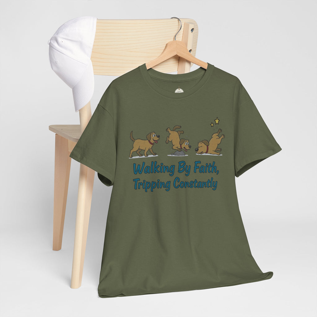 Faith Dog T-Shirt — "Walking By Faith, Tripping Constantly" Cute Christian Tee