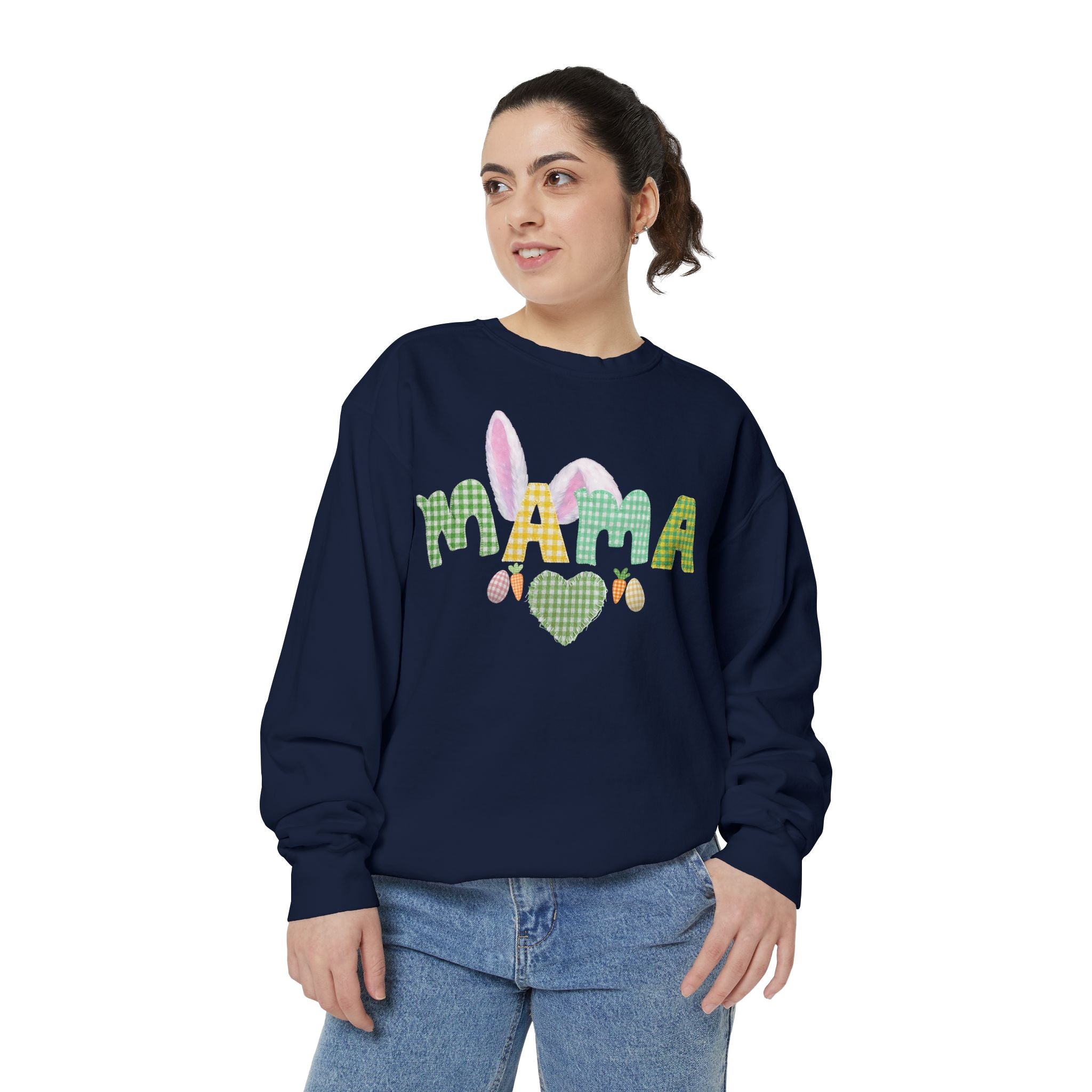 Mama Easter Bunny Sweatshirt — Cute Plaid ‘MAMA’ with Bunny Ears & Eggs