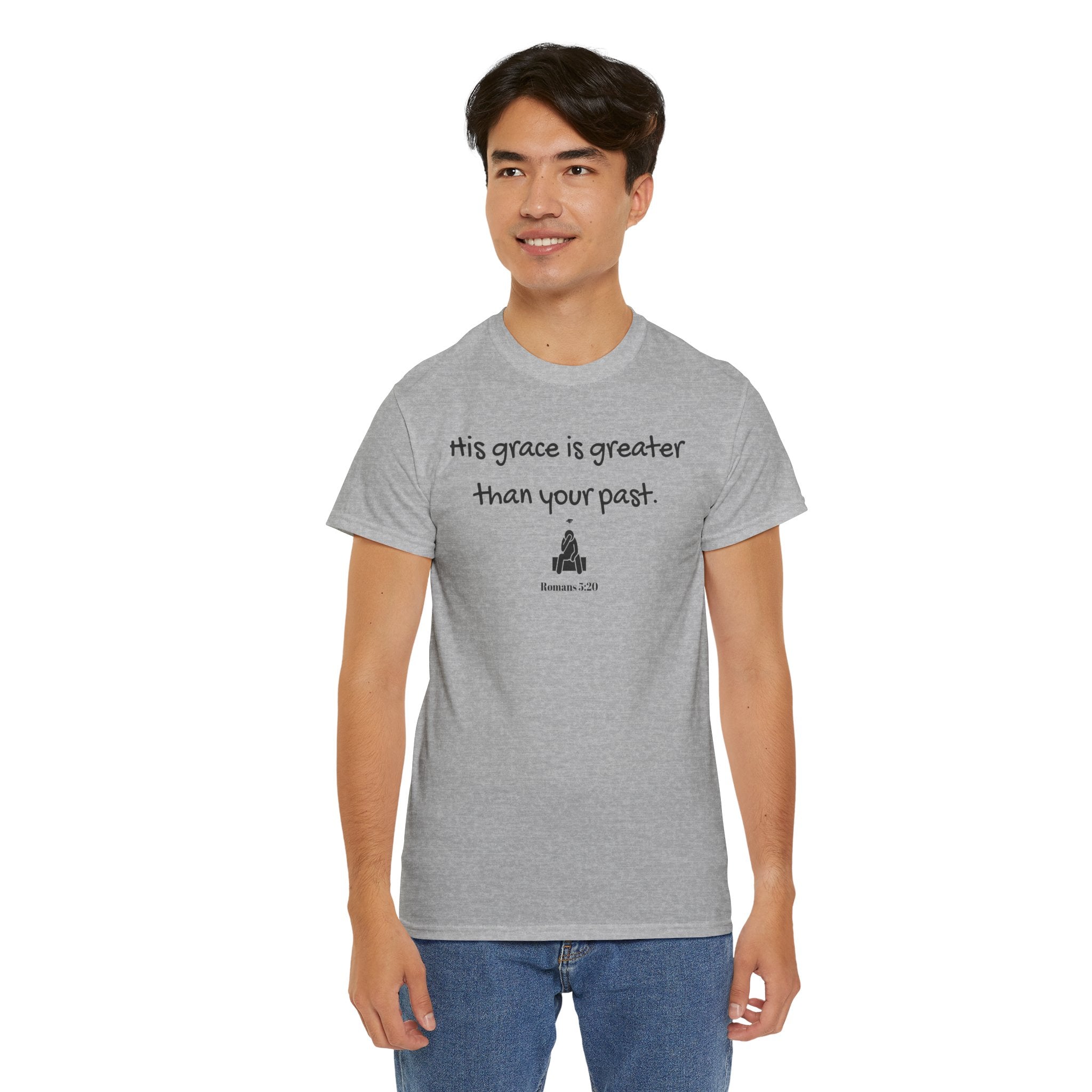 Christian T‑Shirt — "His grace is greater than your past." (Romans 5:20)