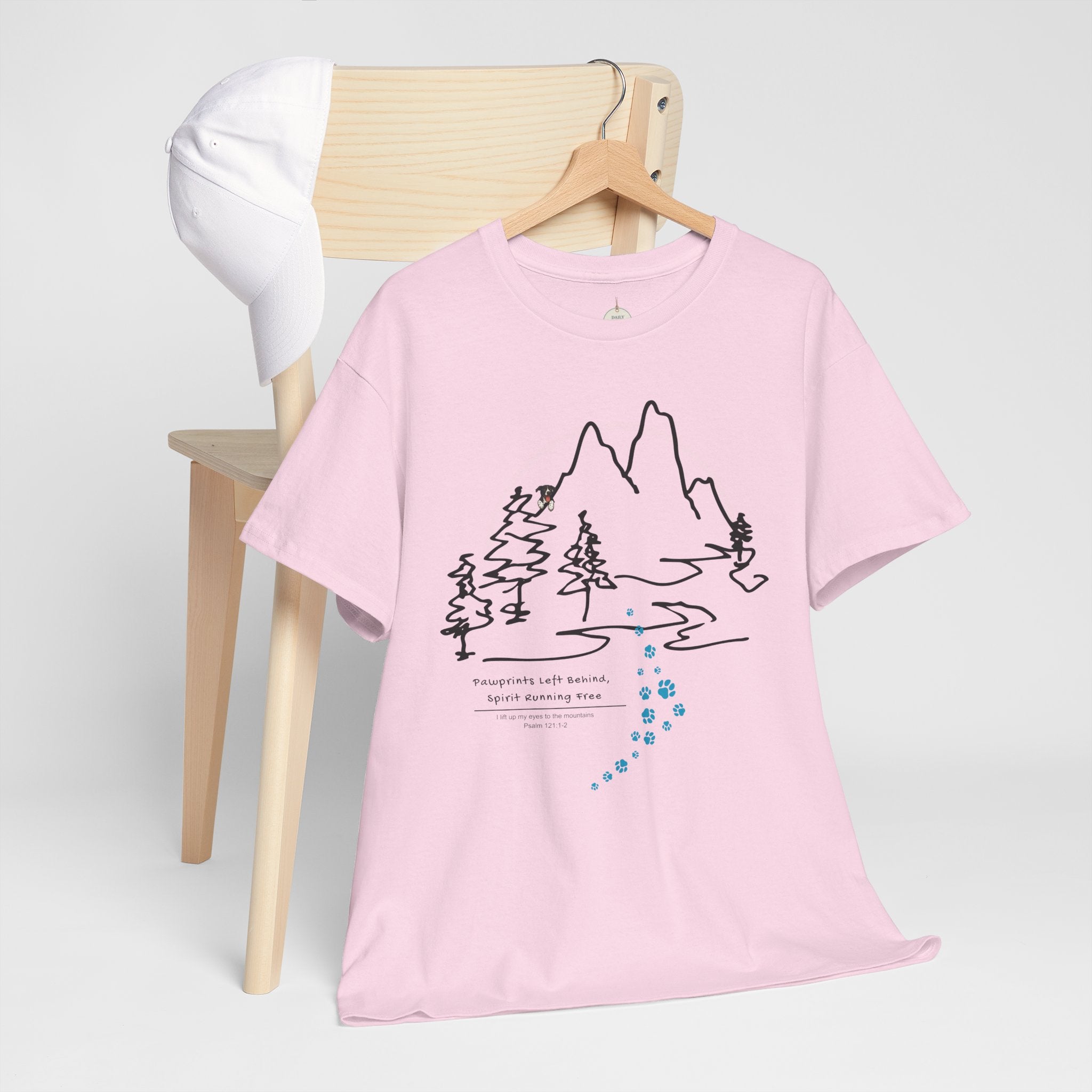 Rainbow Bridge T‑Shirt — Minimal Line Art Nature Tee with 'Follow the Dog Prints' Design Psalms 121