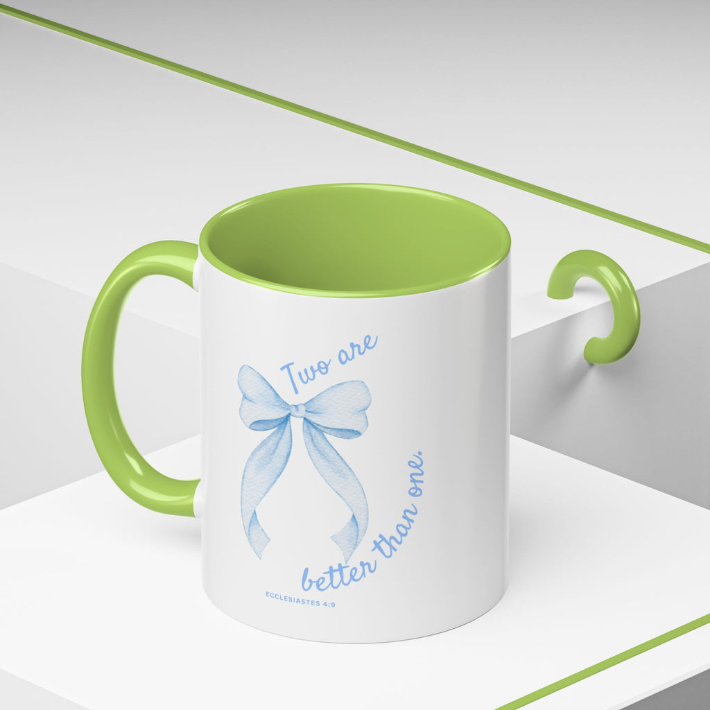 Accent Coffee Mug - "Two are better than one" Blue Ribbon Ceramic Mug Christian Wedding