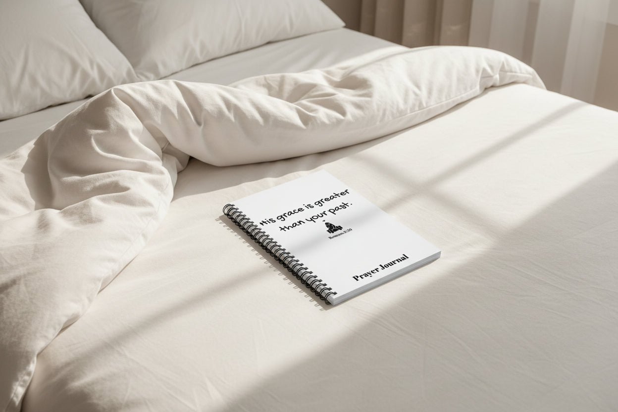 Prayer Journal Notebook — "His grace is greater than your past" (Romans 8:20)