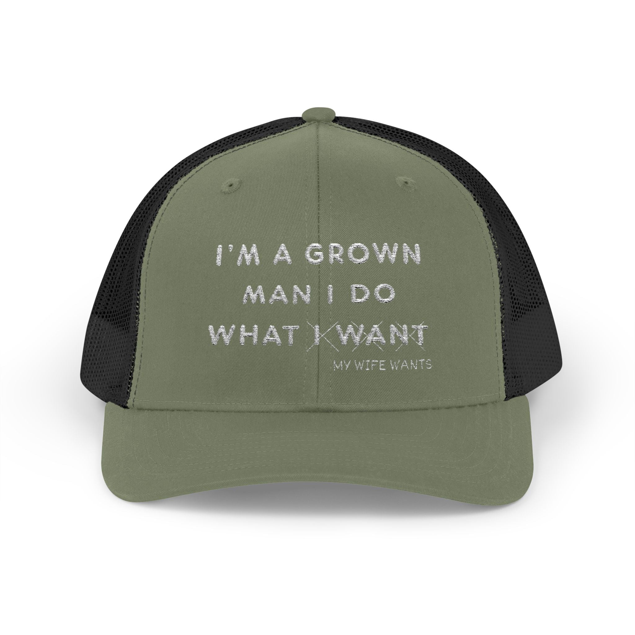 Adult Attitude Snapback Trucker Cap – “I'm a Grown Man I Do What I Want - My Wife Wants” Mesh Hat