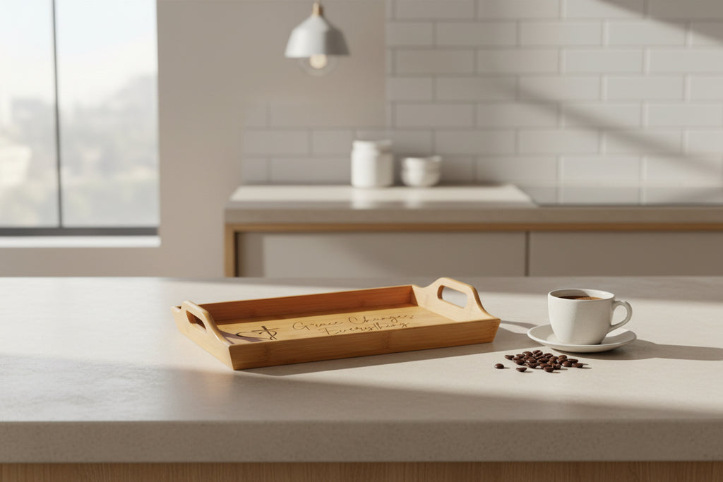 Engraved Bamboo Serving Tray — "Grace Changes Everything" Christian Heart & Cross
