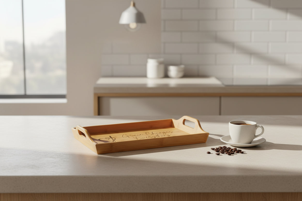 Engraved Bamboo Serving Tray — "Grace Changes Everything" Christian Heart & Cross