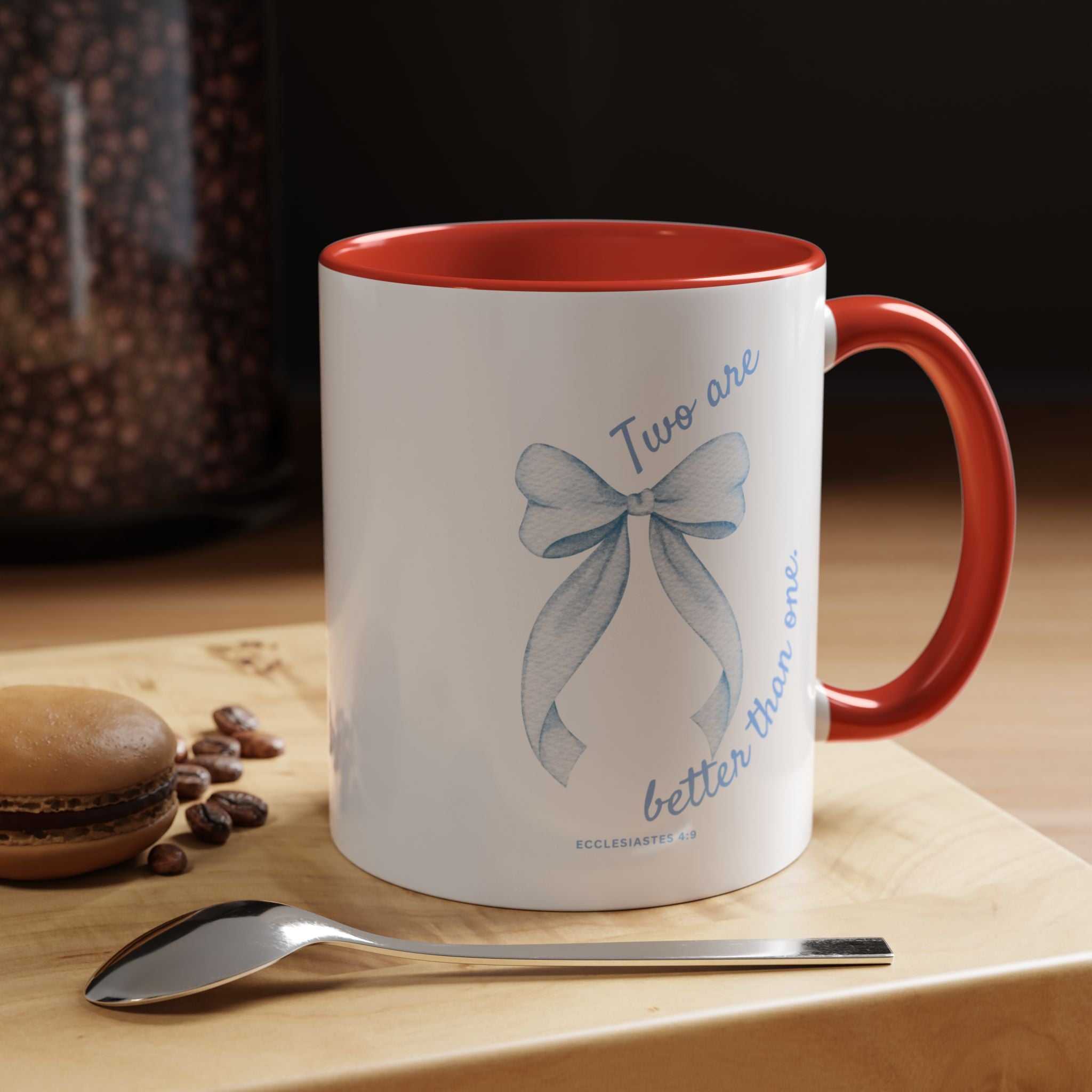 Accent Coffee Mug - "Two are better than one" Blue Ribbon Ceramic Mug Christian Wedding