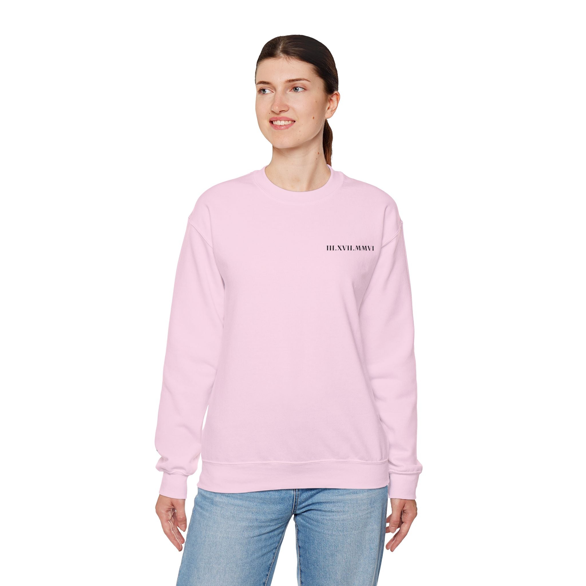 Embroidered - Personalized - Couples - Crewneck Sweatshirt — Minimal 'Human Being' Chest Text with Small Sleeve Floral Accents