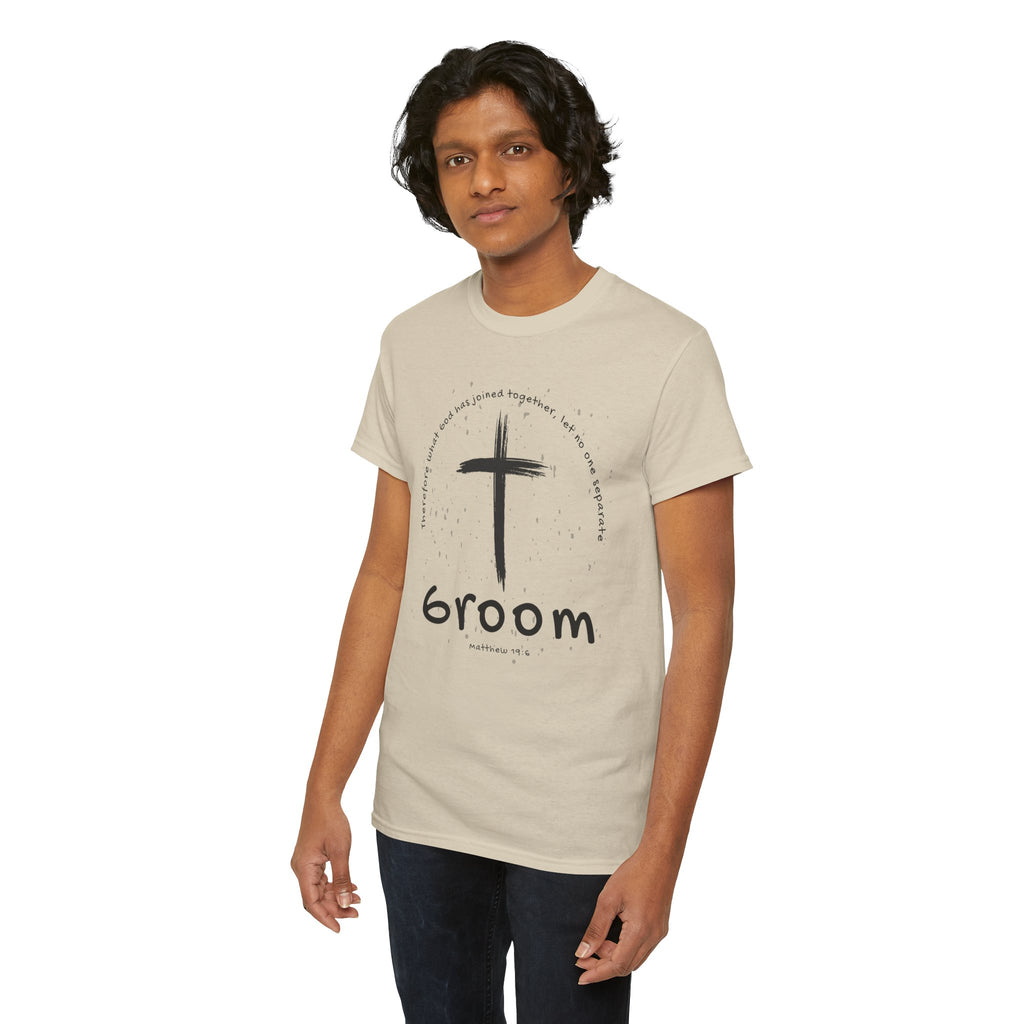 Groom Cross Tee — Christian Wedding Groom T-Shirt (Scripture Verse Design) - Christian - Matthew 19:6