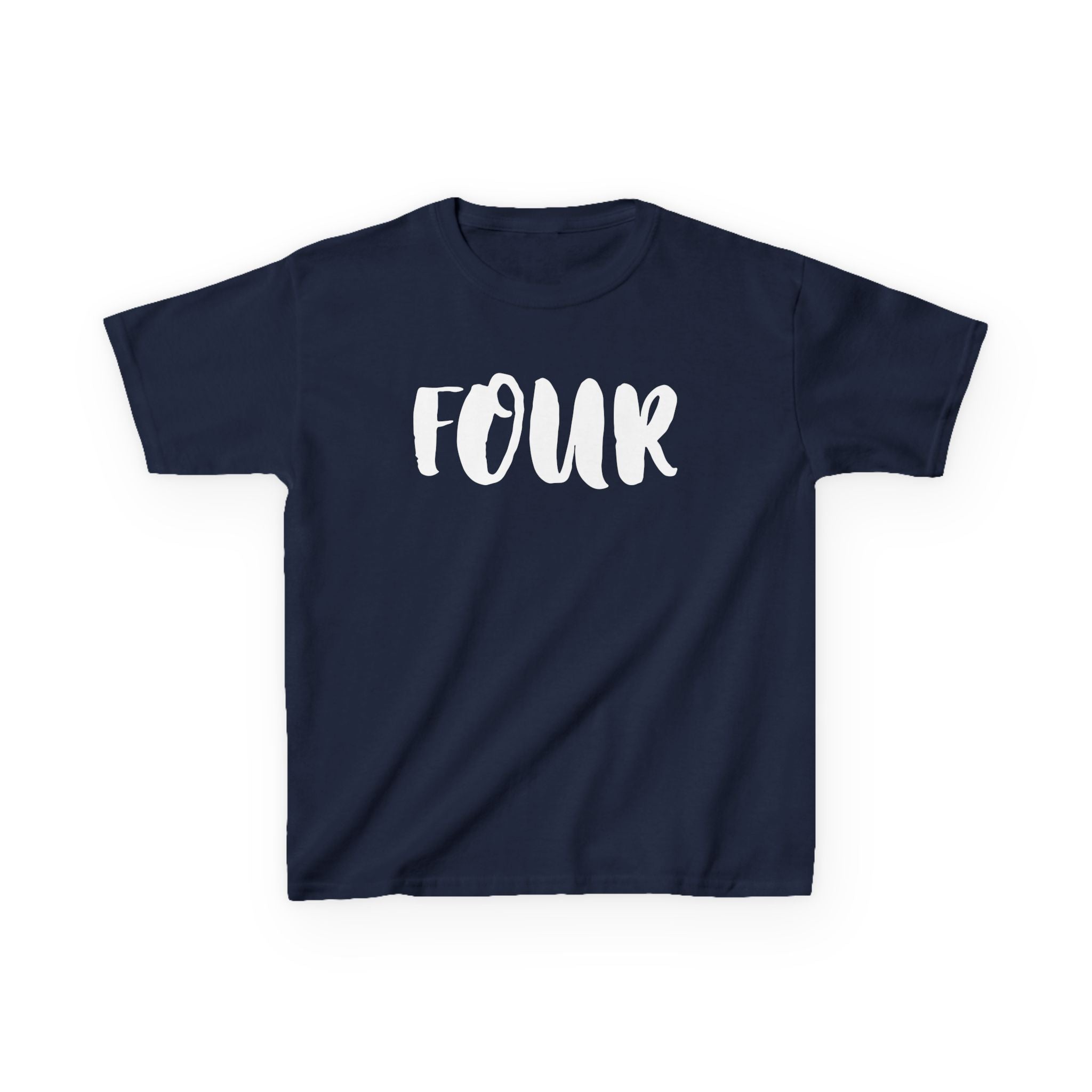 Kids 'Four' Birthday T‑Shirt — Fun Script Number Tee for 4-Year-Olds
