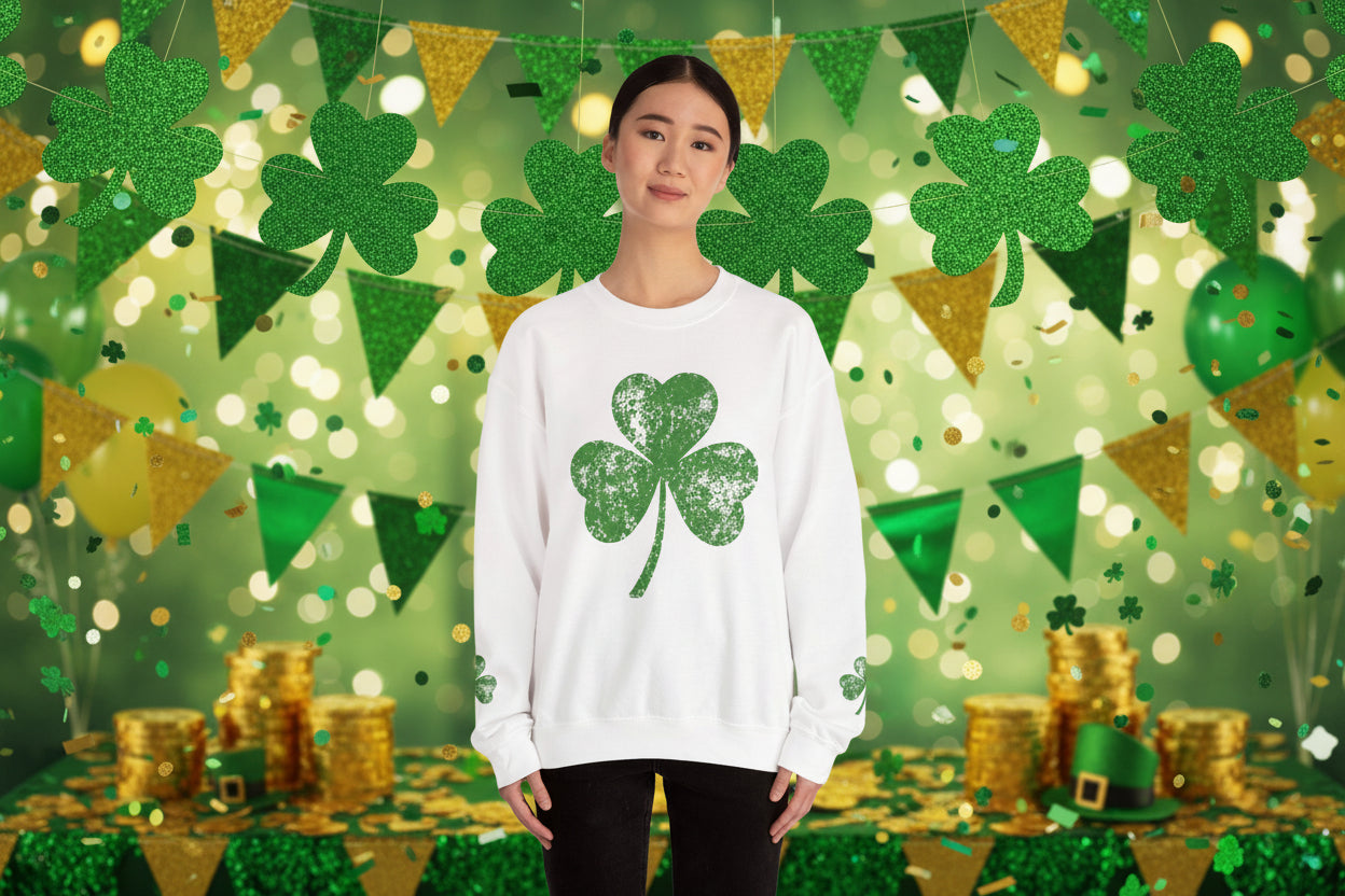 Shamrock Crewneck Sweatshirt – Distressed Green Clover St. Patrick’s Day Pullover