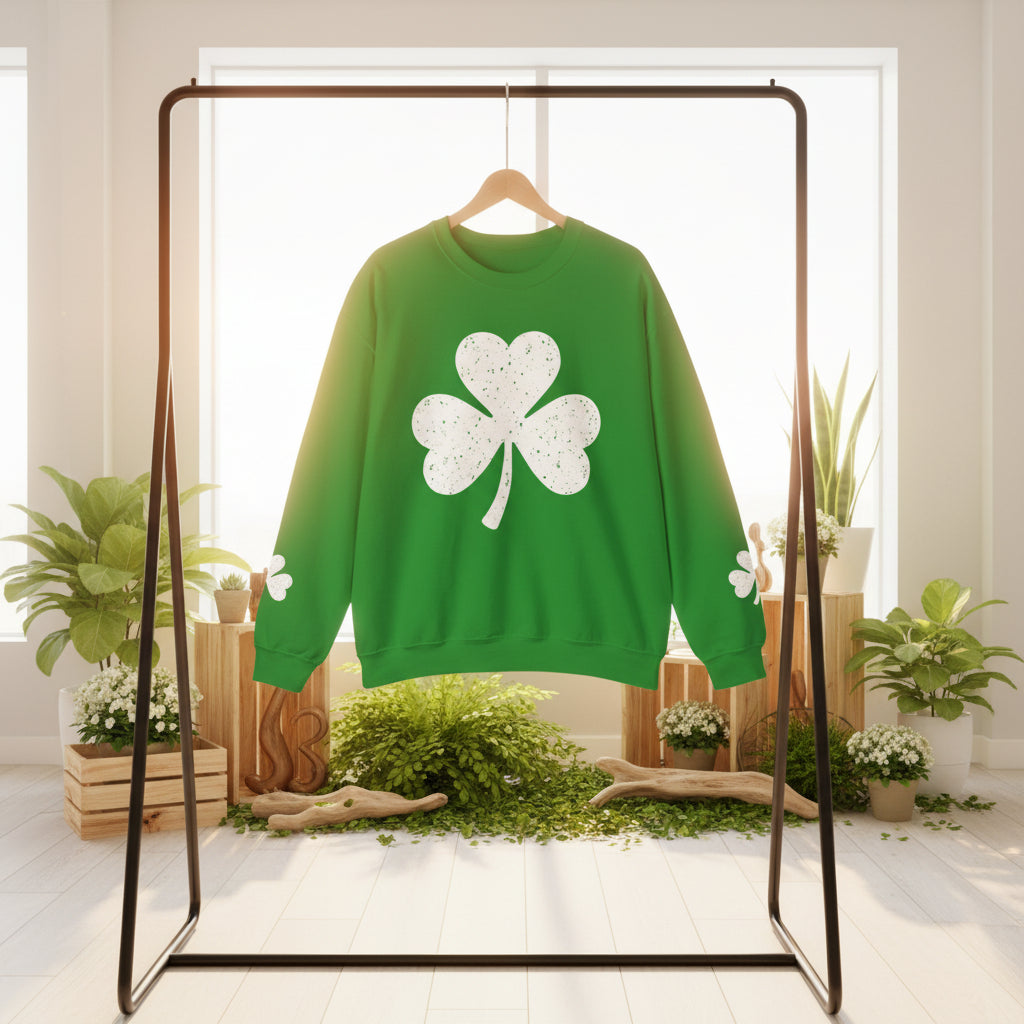 Shamrock Crewneck Sweatshirt – Distressed Green Clover St. Patrick’s Day Pullover