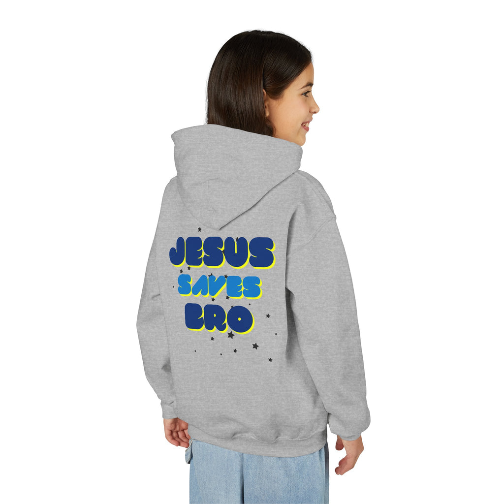 Youth Hoodie — "Jesus Saves Bro" Christian Graphic Pullover