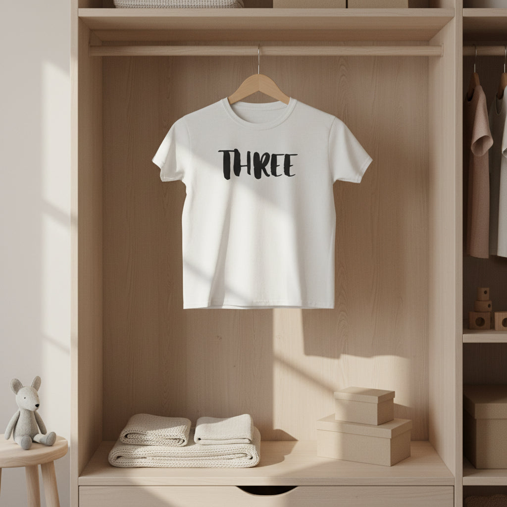 Kids Tee — "Three" Birthday Shirt, 3rd Birthday Toddler T‑Shirt