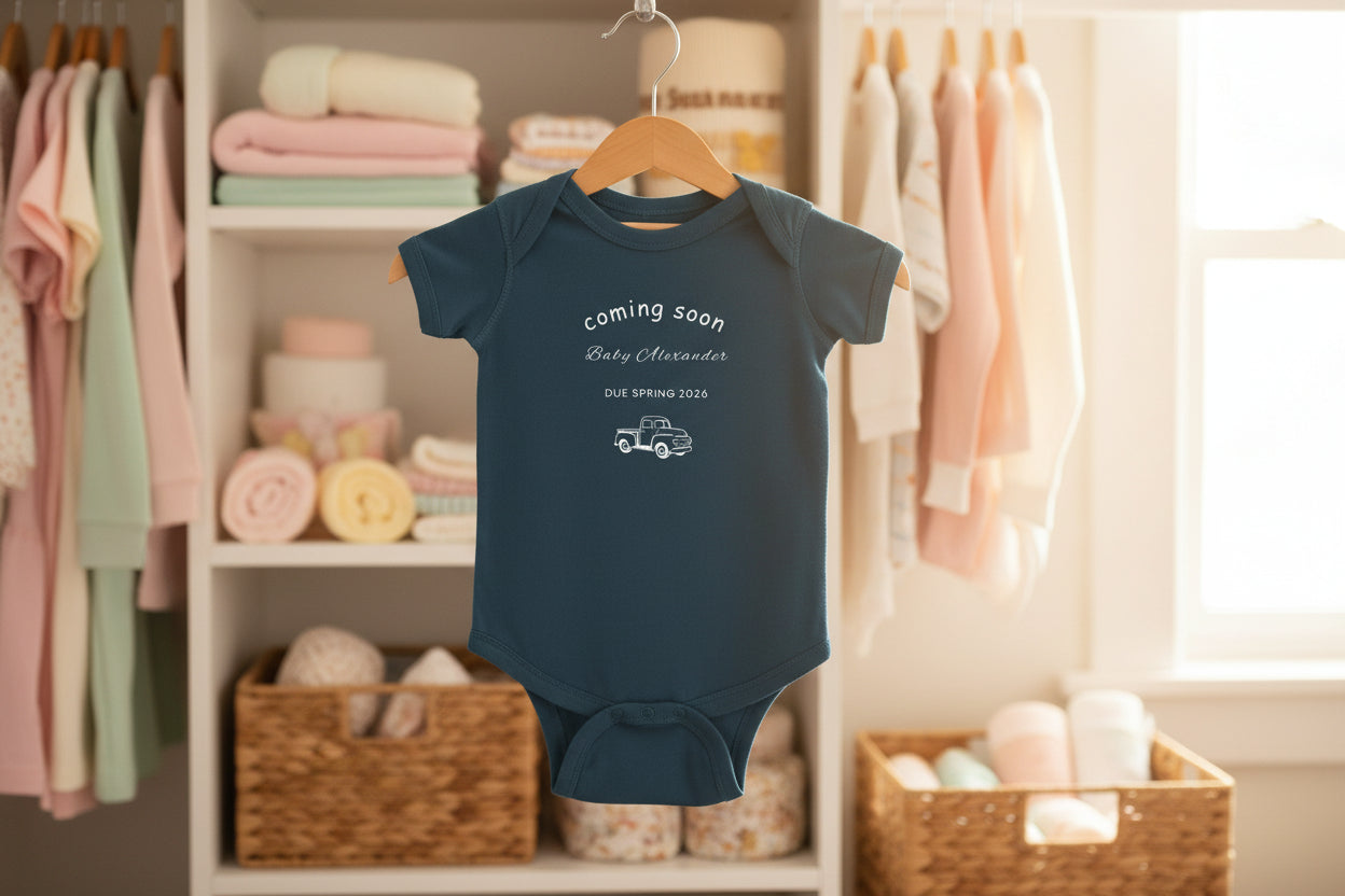 Coming Soon Baby Announcement Bodysuit — 'Coming Soon' Heart, Truck, Flower Newborn Onesie