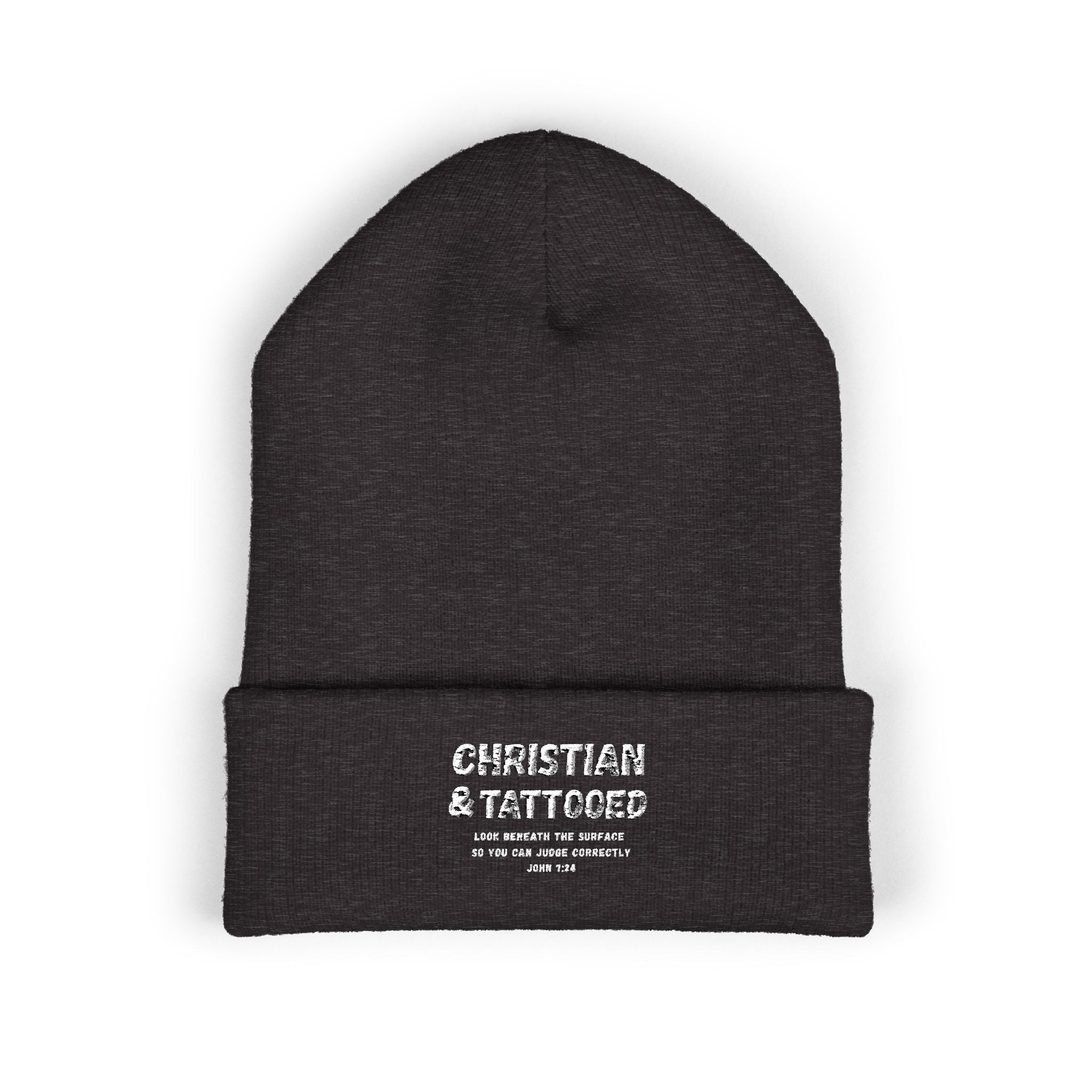 Embroidered 'Christian & Tattooed' Cuffed Beanie  Knit Winter Hat
