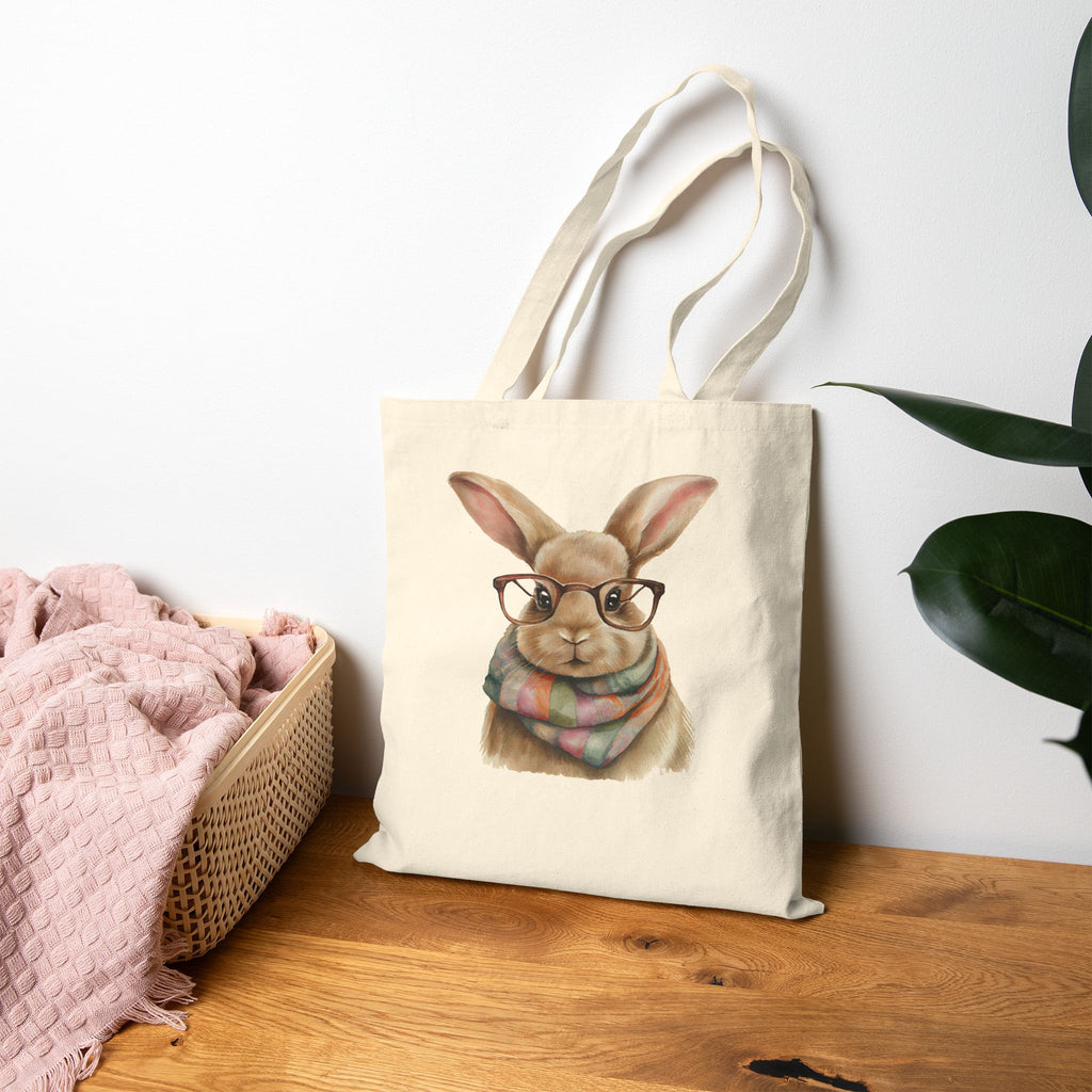 Canvas Tote Bag — Cute Bunny with Glasses & Plaid Scarf | Eco-Friendly Grocery, Book & Gift Tote