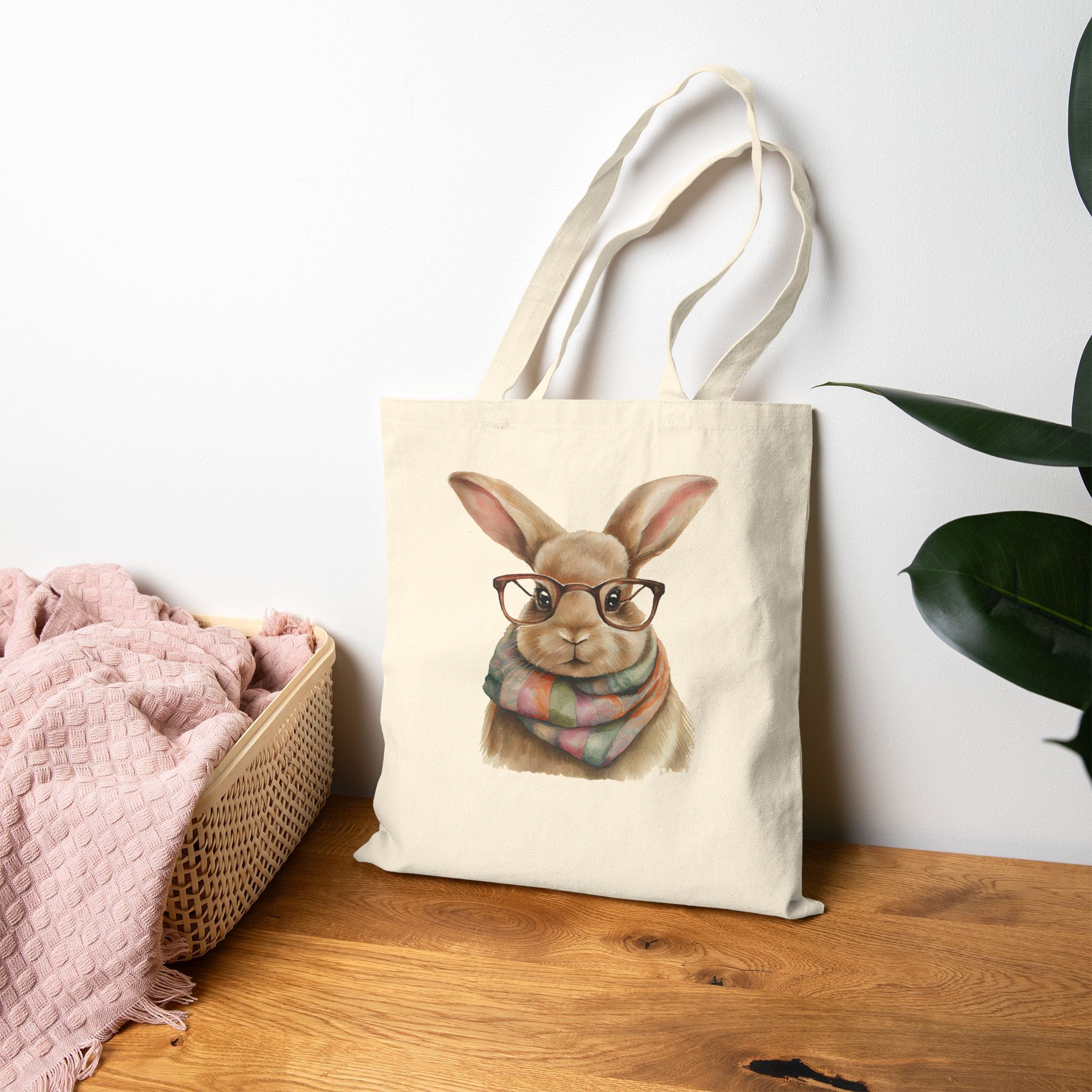 Canvas Tote Bag — Cute Bunny with Glasses & Plaid Scarf | Eco-Friendly Grocery, Book & Gift Tote