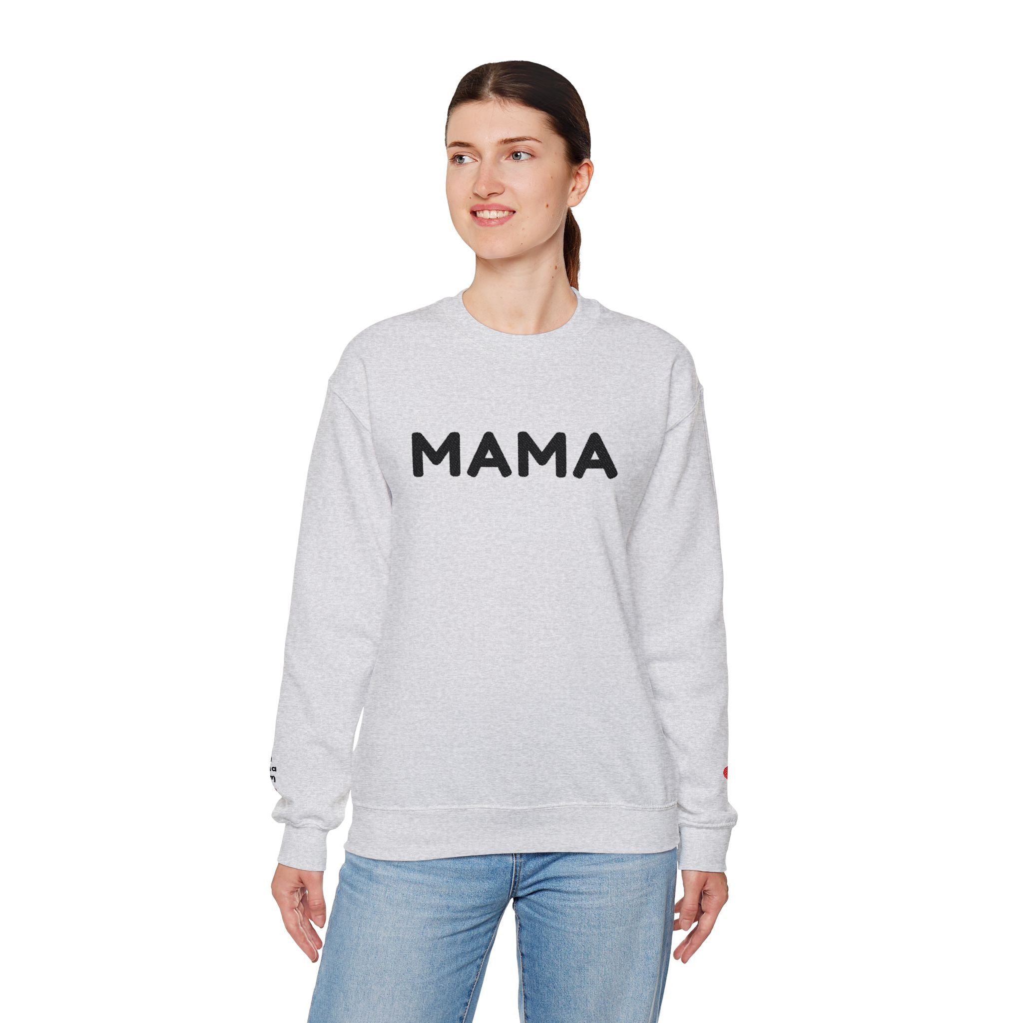 Embroidered - Personalized - Mama Crewneck Sweatshirt — Cozy Mother's Day Pullover with Heart Sleeve Detail