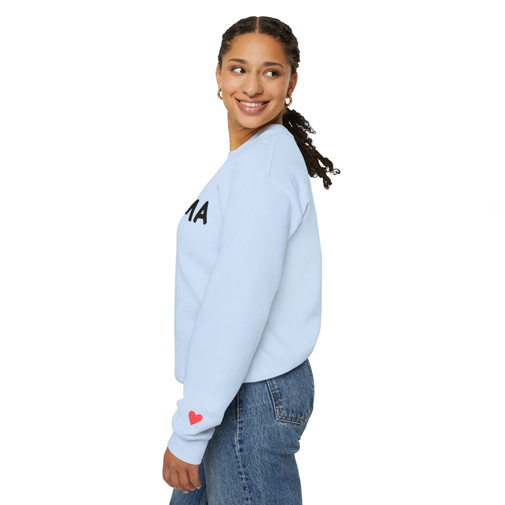 Embroidered - Personalized - Mama Crewneck Sweatshirt — Cozy Mother's Day Pullover with Heart Sleeve Detail