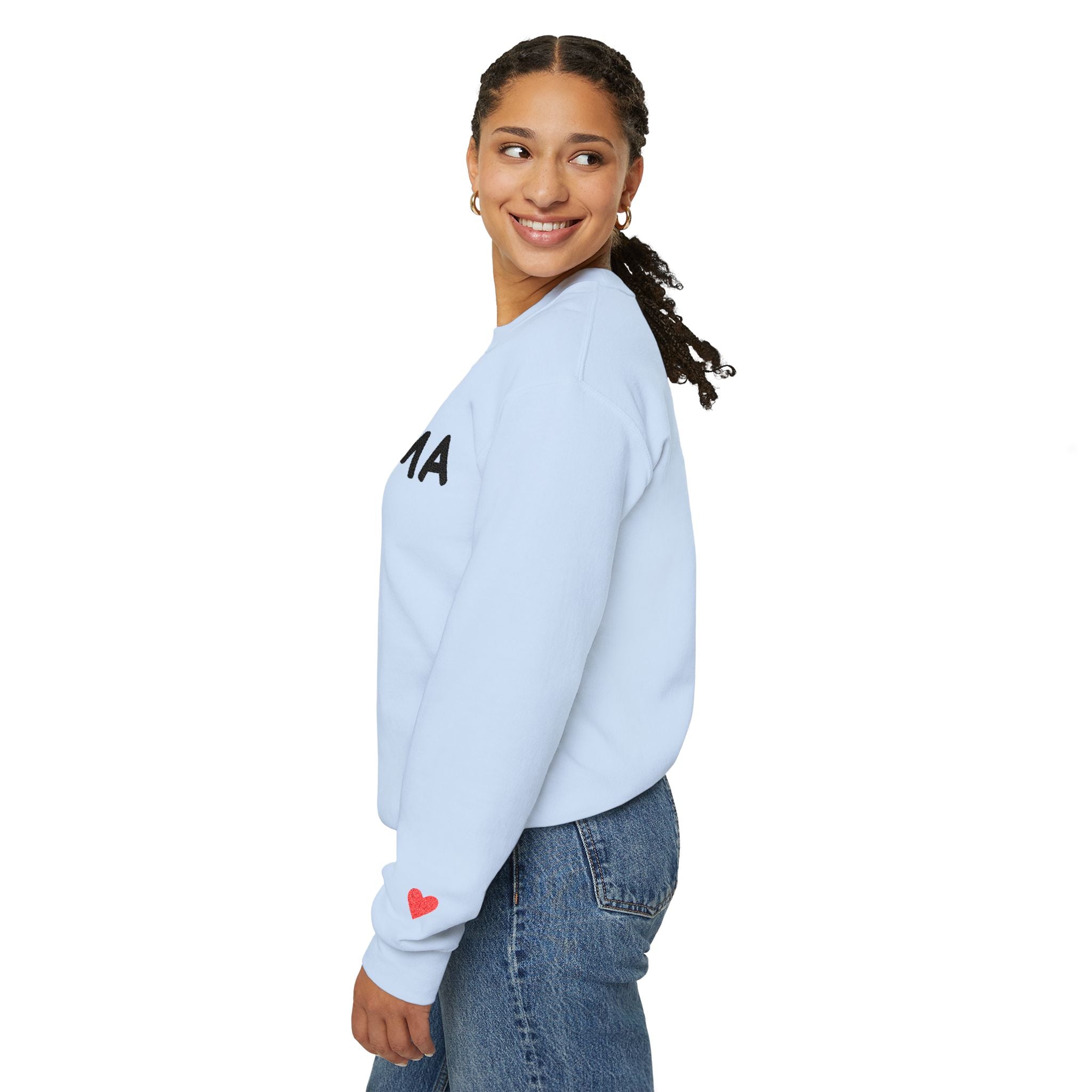 Embroidered - Personalized - Mama Crewneck Sweatshirt — Cozy Mother's Day Pullover with Heart Sleeve Detail